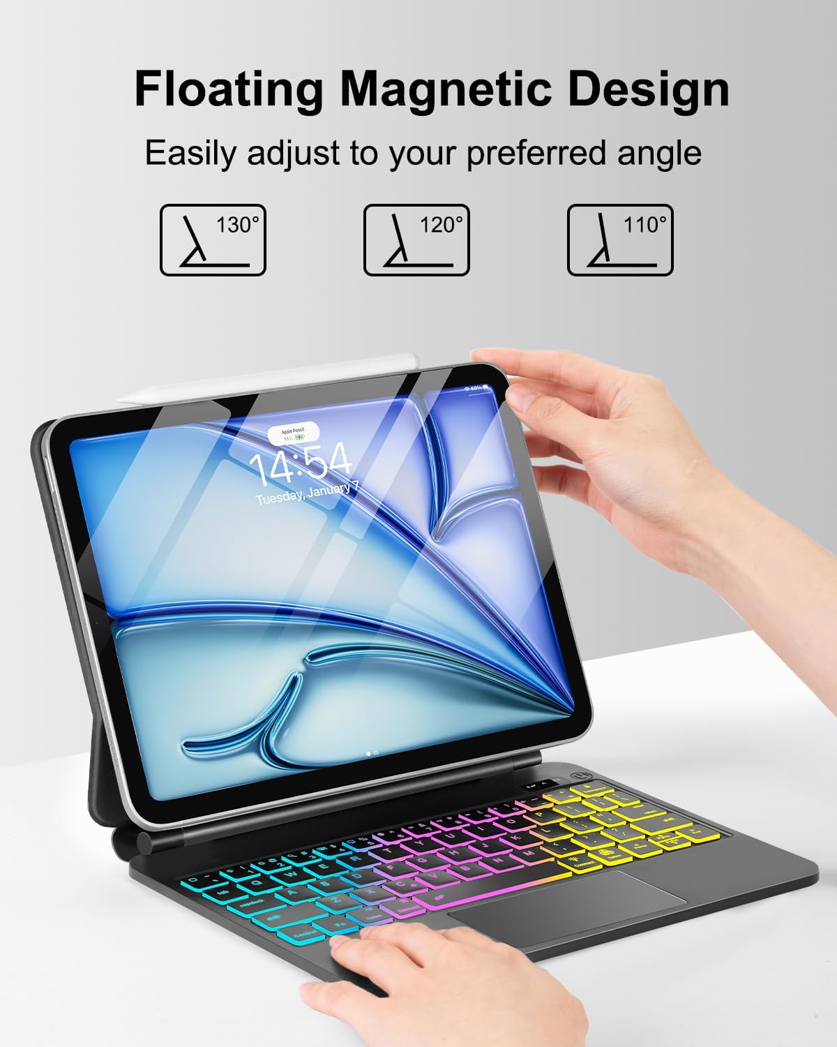 Magic for iPad Air 11-inch (M3/M2) Case with Keyboard Air 10.9"(5th/4th)/Pro 11(4th/3rd/2nd/1st)Gen, Trackpad Floating Rainbow Backlit TouchPad Keypad with Cantilever Magnetic Cover Black - Image 7