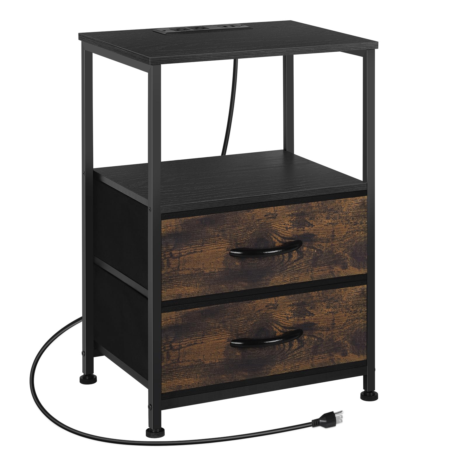 Vrisa Nightstand with Charging Station Black Bedside Table Fabric Drawers End Table with Open Shelf Night Stand with USB Port and AC Outlet for Bedroom
