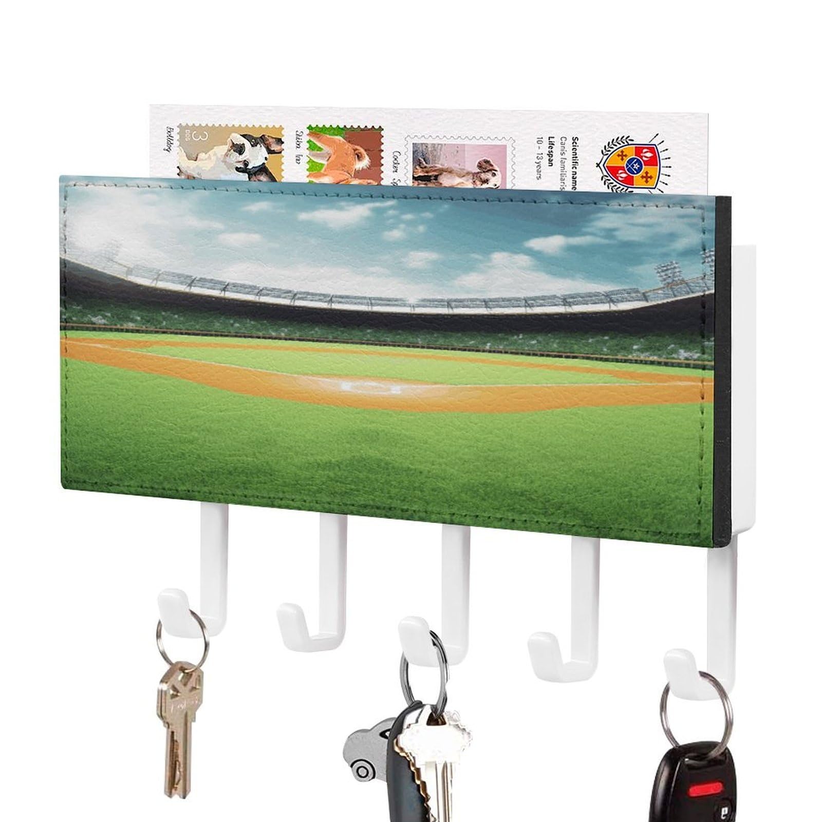 JTREHY Green Baseball Field Backdrop Key Holder Wall Mount Decorative Key and Mail Holder PU Leather Adhesive Key Organizer Hanging Key Hooks Wall Shelf with 5 Hooks for Entryway Hallway Office