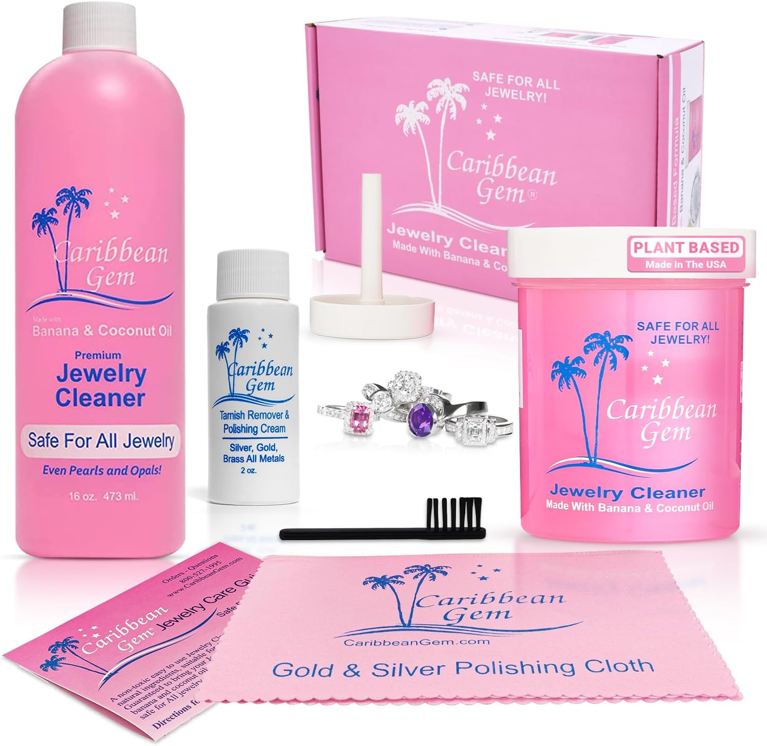 Jewelry Cleaner 16oz & 8oz, Basket, Brush, Polishing Cream & Polishing Cloth - Jewelry Cleaning Kit for All Gold, Silver, Diamonds, Rings, Necklaces, Gems, Precious Stones & Metals