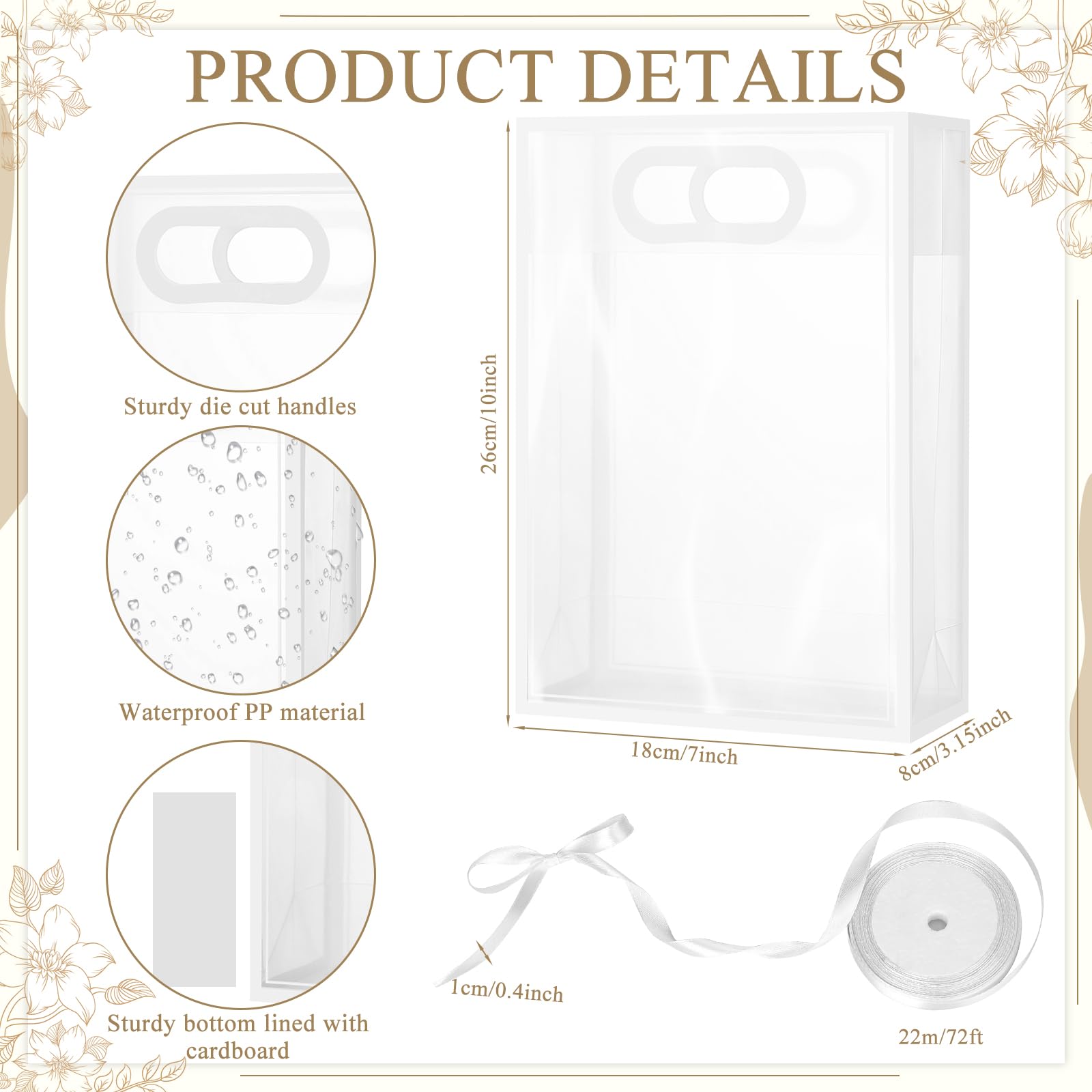 ALEXPRE 24 bolsas de regalo de plástico transparente con asas de 7 x 10 x 3.2 pulgadas, bolsas de regalo reutilizables de polipropileno con cinta, bolsas de regalo de plástico transparente para bodas,
