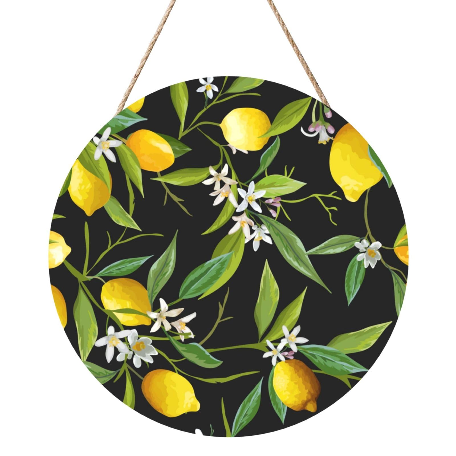 InOmak Lemon And Flower, Round Wood Panel Painting 12 in, Wall Hanging Painting For Home