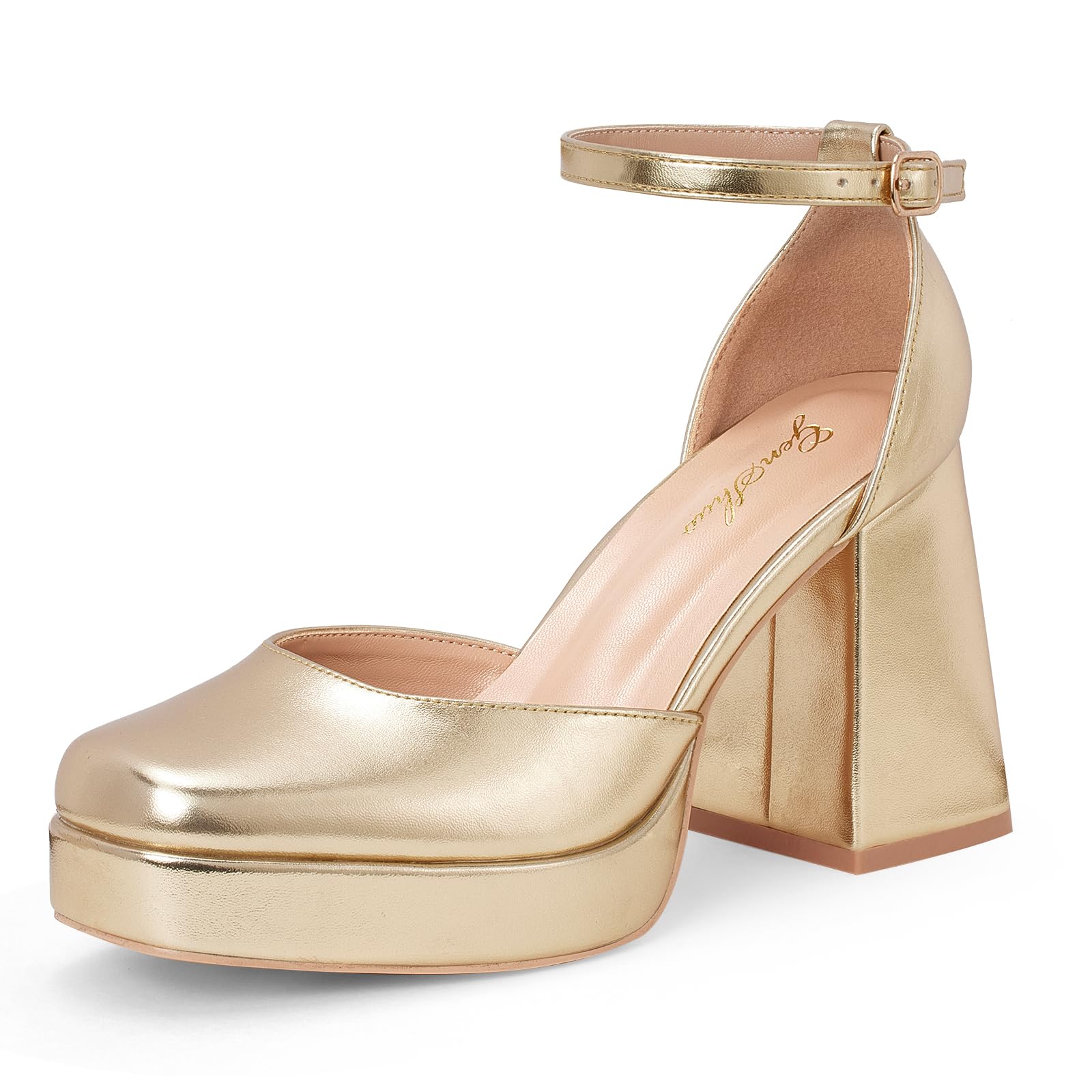 GENSHUO Escarpins à Talons épais pour Femme de 10 cm, Bout carré fermé avec Bride à la Cheville, Robe, Chaussures de fête de Mariage,36-42 EU