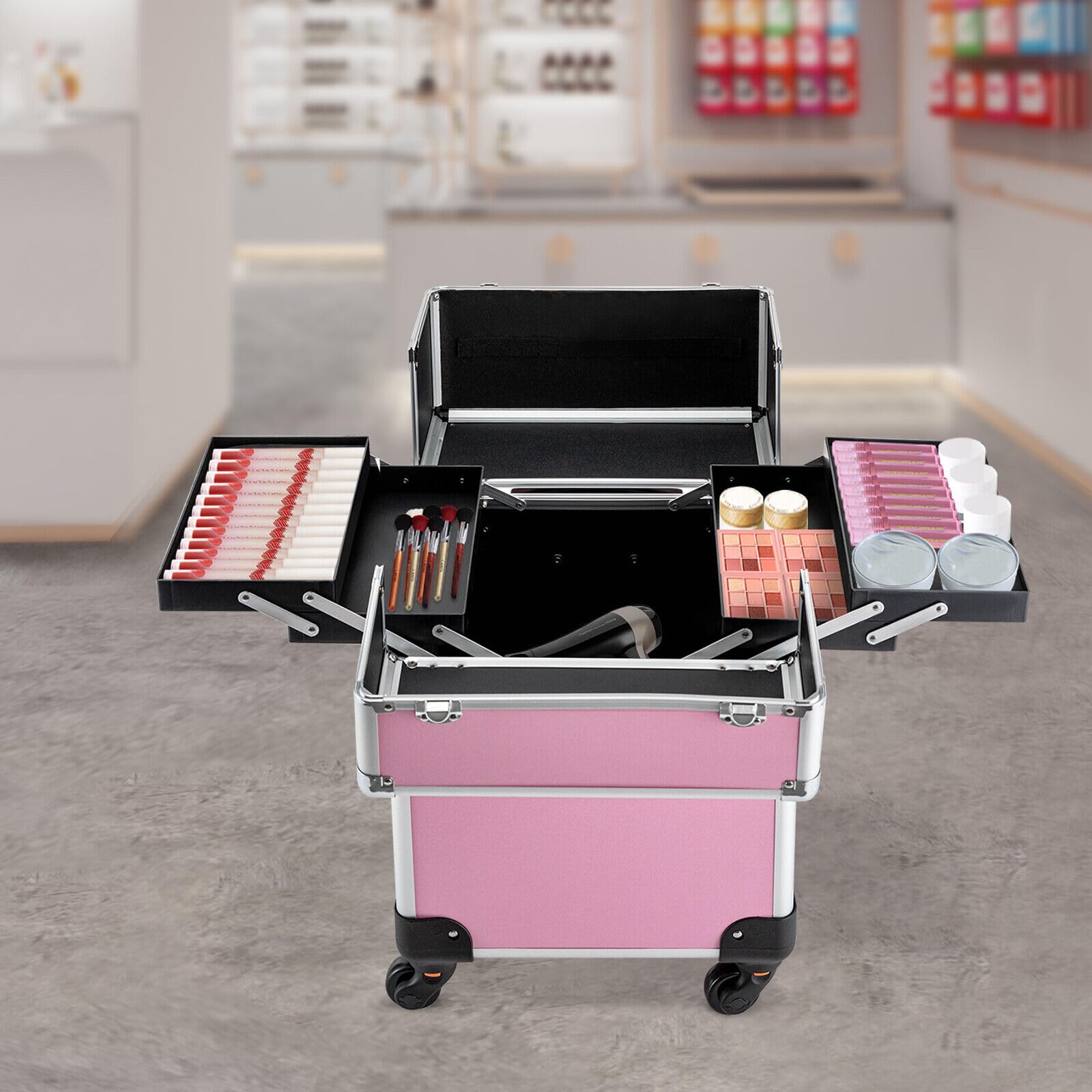 Valise cosmétique à roulettes en aluminium 4-en-1 verrouillable roues pivotantes 360° voyage
