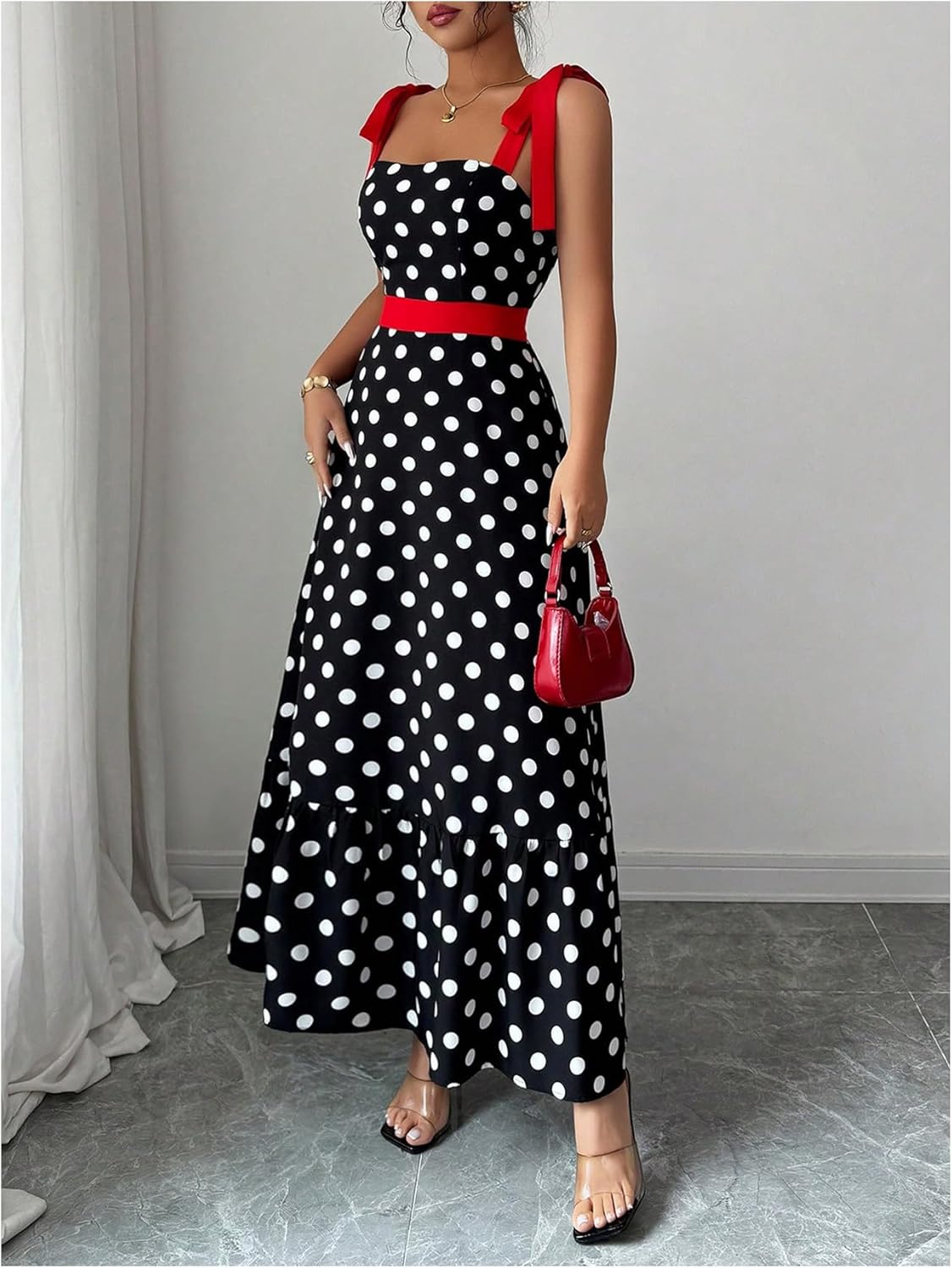 Floerns Women's Polka Dots Tie Shoulder Maxi Dress Sleeveless Vintage Tiered A Line Long Dresses - Image 5