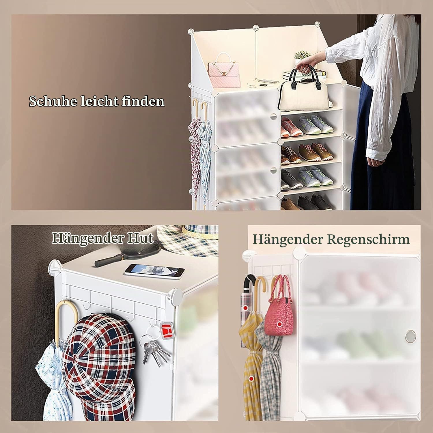 HOMCENT Schuhregal mit Türen, Erweiterbarer Stand Schuhschrank für 16-32 Paar Schuhe, Hausschuhe, Kunststoff Schuhregale für Flur Schlafzimmer Eingang, 2x8 Etagen, Weiß