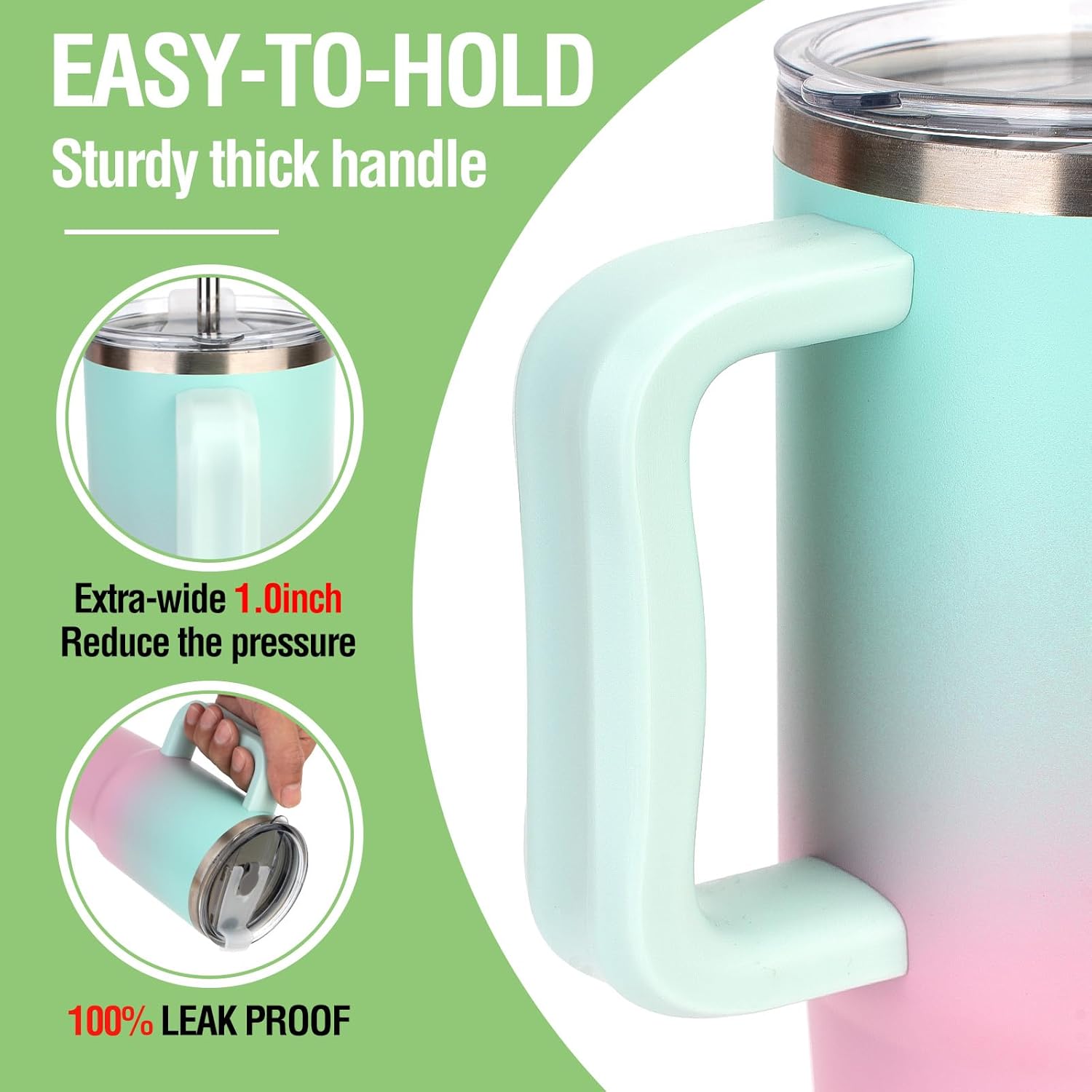 Zukro 24 oz Ceramic Lined Tumbler with Handle and Straw, No Metal Taste, Insulated Stainless Steel Coffee Mug with Spill Proof Lids for Home/Office, No Sweat, Keep Drinks Hot or Cold, Bubblegum - Image 7