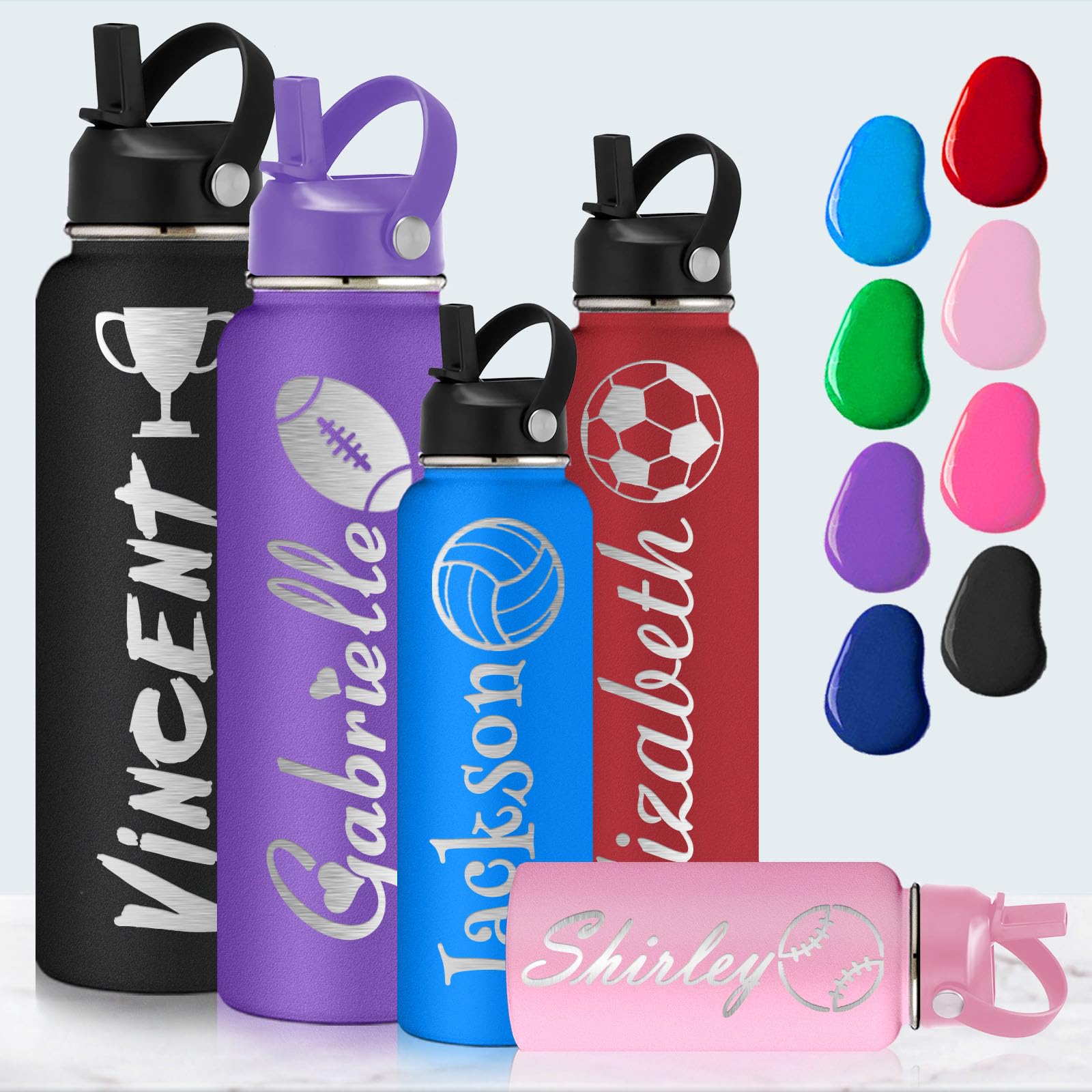 Custom Water Bottle with Name Engraved, Personalised Water Bottles with Straw Lid, Customised Gifts for Women Men (12/18/24/32/40oz)