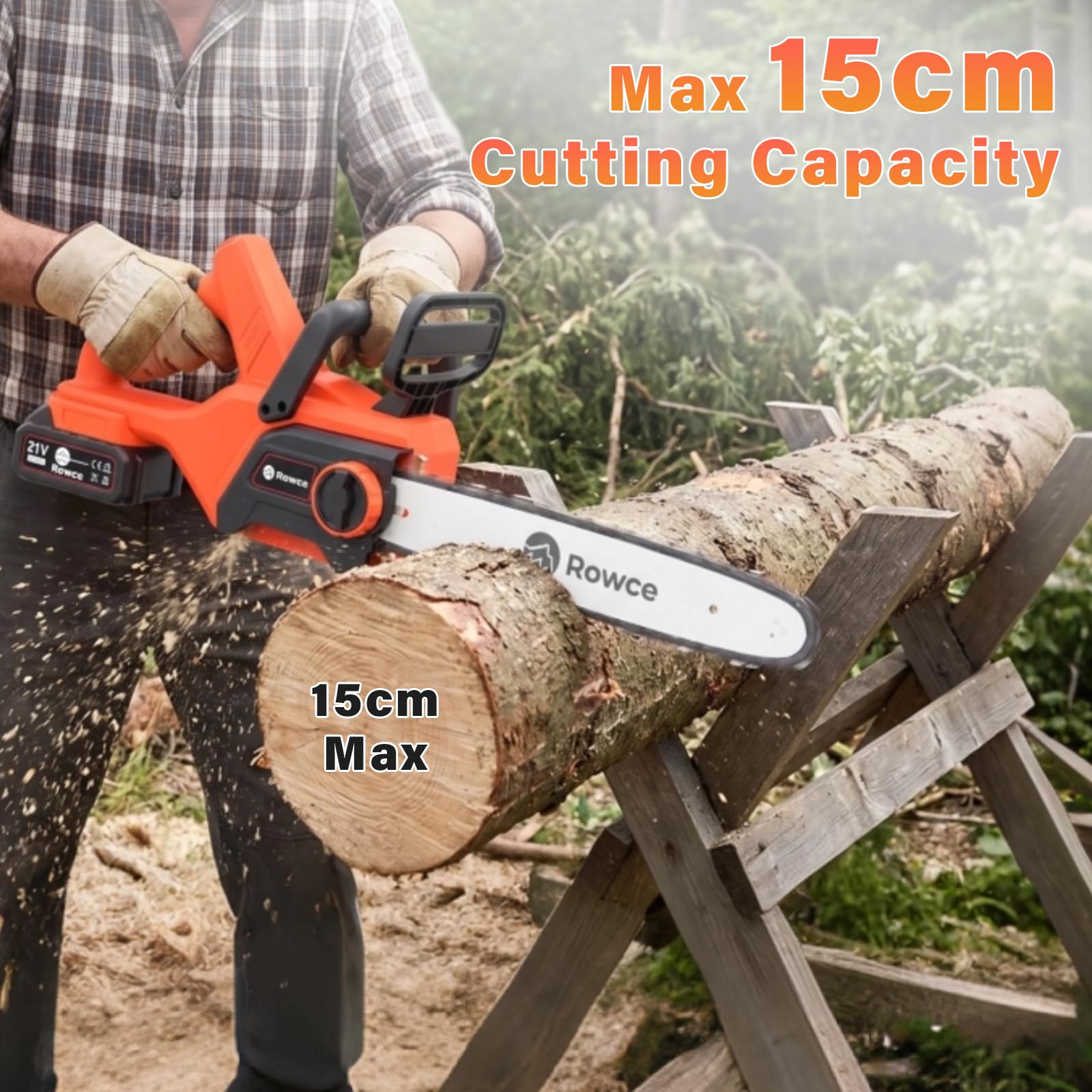 Mini Motosierra Bateria 2 x 4000mAh, Motosierra Eléctrica Sin Escobillas con Depósito, Motosierra de Mano Inalámbrica para Árboles y Jardin, Engrasado Automático de Cadena