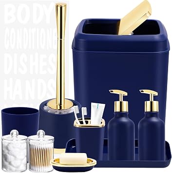 XLHOMO Navy Blue Bathroom Accessories Set -10 Piece Bathroom Accessory Set with Trash Can, Soap Dispenser, Soap Dish, Toothbrush Holder and Cup, Toilet Brush, Qtip Holder, Bathroom Decor Sets Complete