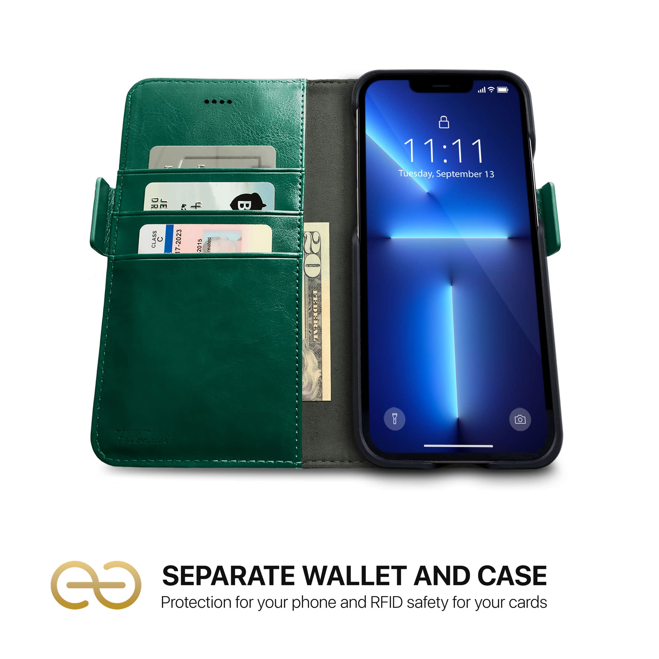 dreem Fibonacci compatibile con iPhone 13 Pro custodia a portafoglio/custodia antiurto 2 in 1 e folio in pelle vegana staccabile, compatibile con MagSafe, protezione RFID [Reale