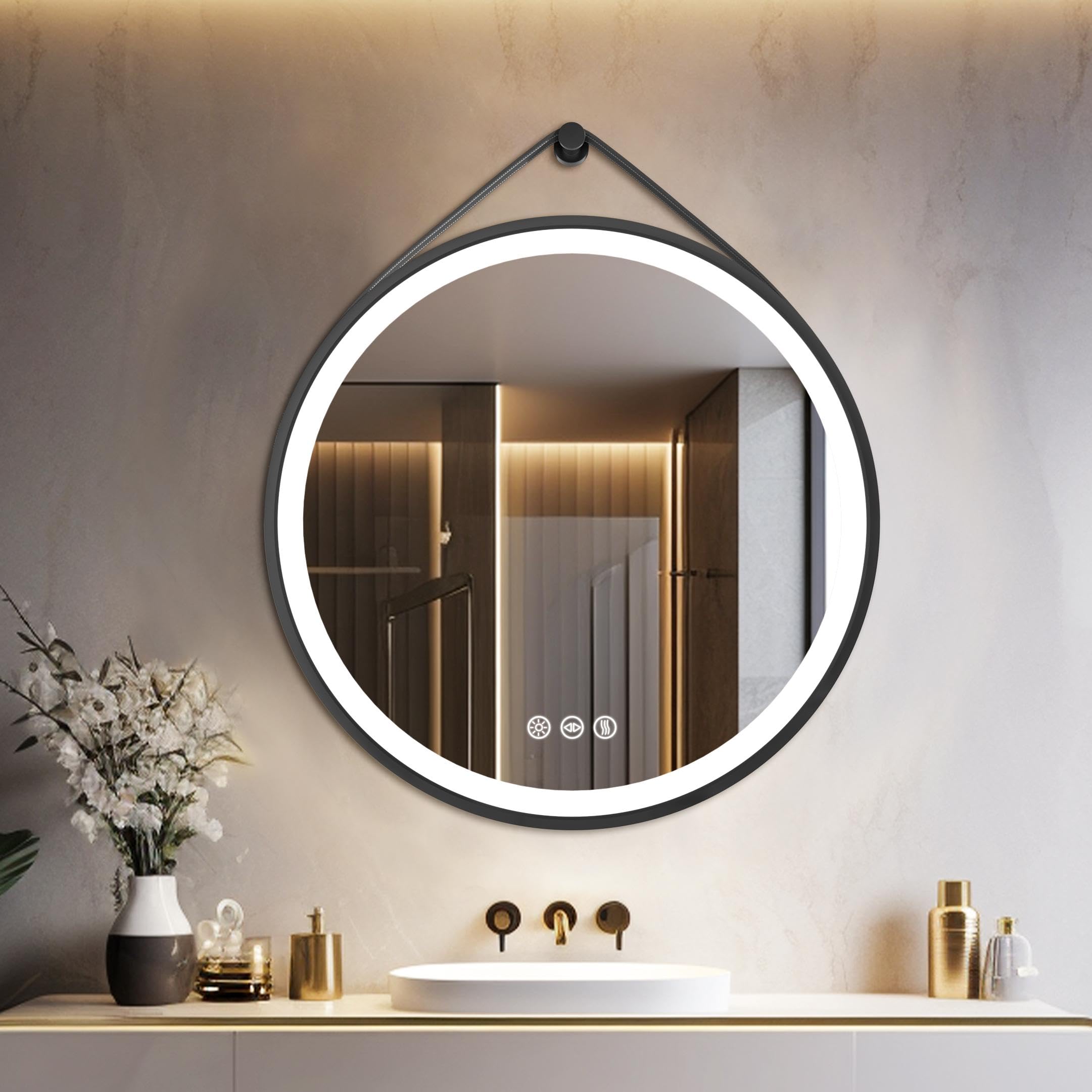 LUVODI Specchio Bagno con Led Luce Rotondo 60 cm: Specchio Smart Tondo Bagno Cornice in Alluminio Nero Cinghia Regolabile in Pelle, Illuminato Frontale, Antiappanamento, Dimmerabile, Funzione Memoria