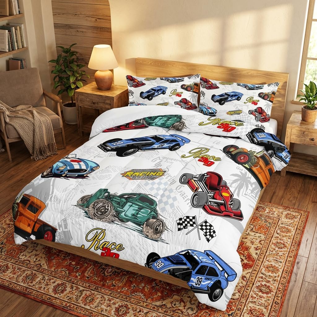 AILONEN Colorful Racing Car Comforter Set Full Size, Cool Sports Car Bedding Set for Kids Boys,Race Car Competition Bed in a Bag,Extreme Sports Duvet Set,1 Quilt 2 Pillowcases,3 Pcs