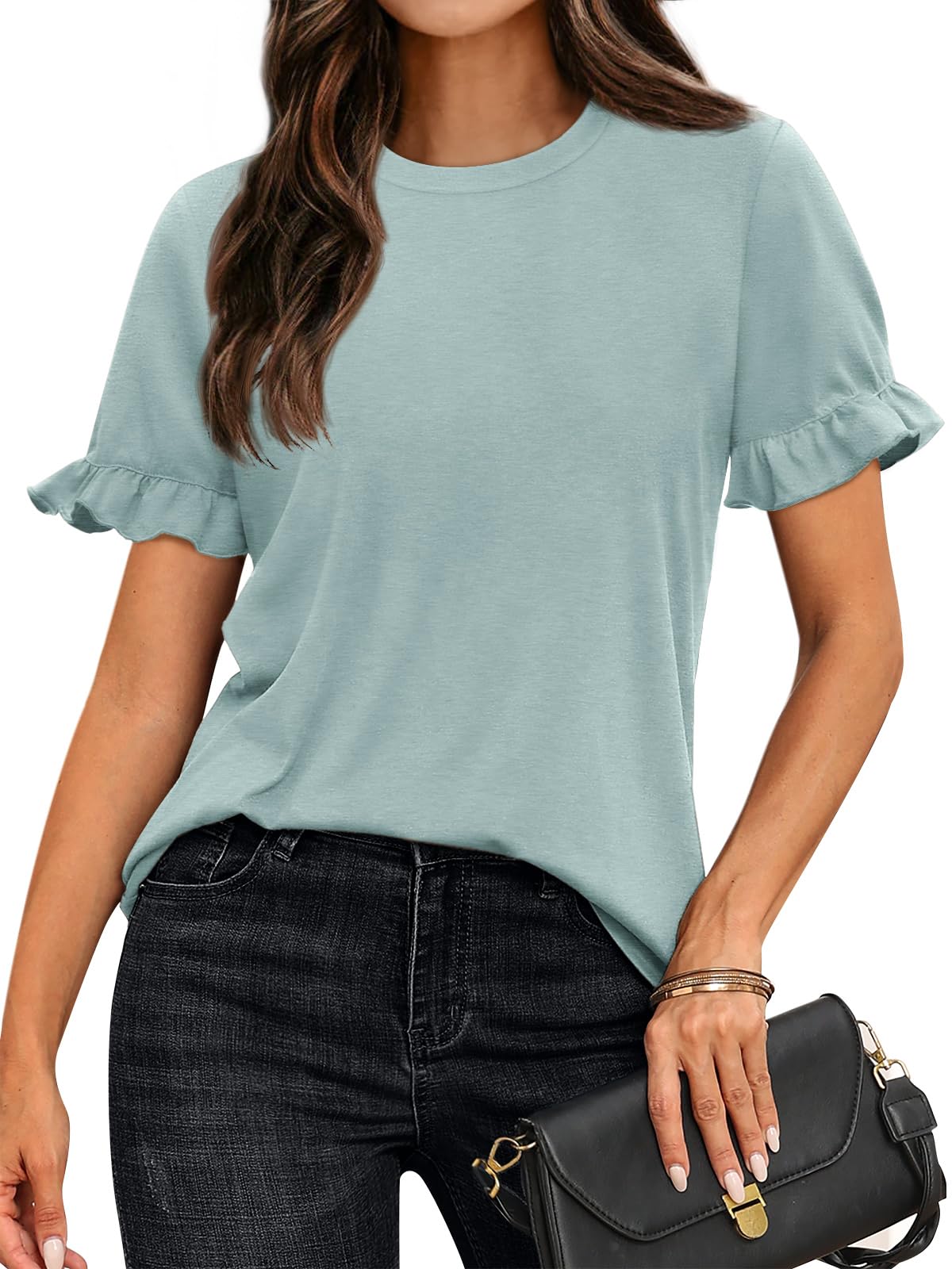 AUTOMETWomens Casual Cute Tops Ruffle Short Sleeve T Shirts Dressy Blouses Summer Spring Outfits Trendy Clothes