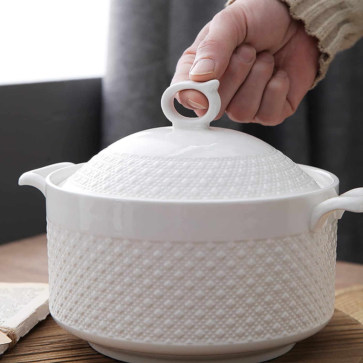 Keramische Suppenterrine mit Suppe, Schöpfkelle Suppenschüssel mit Deckel, Porzellan Suppentopf für Restaurant Home Kitchen White Dekoration,Weiß,3600ml