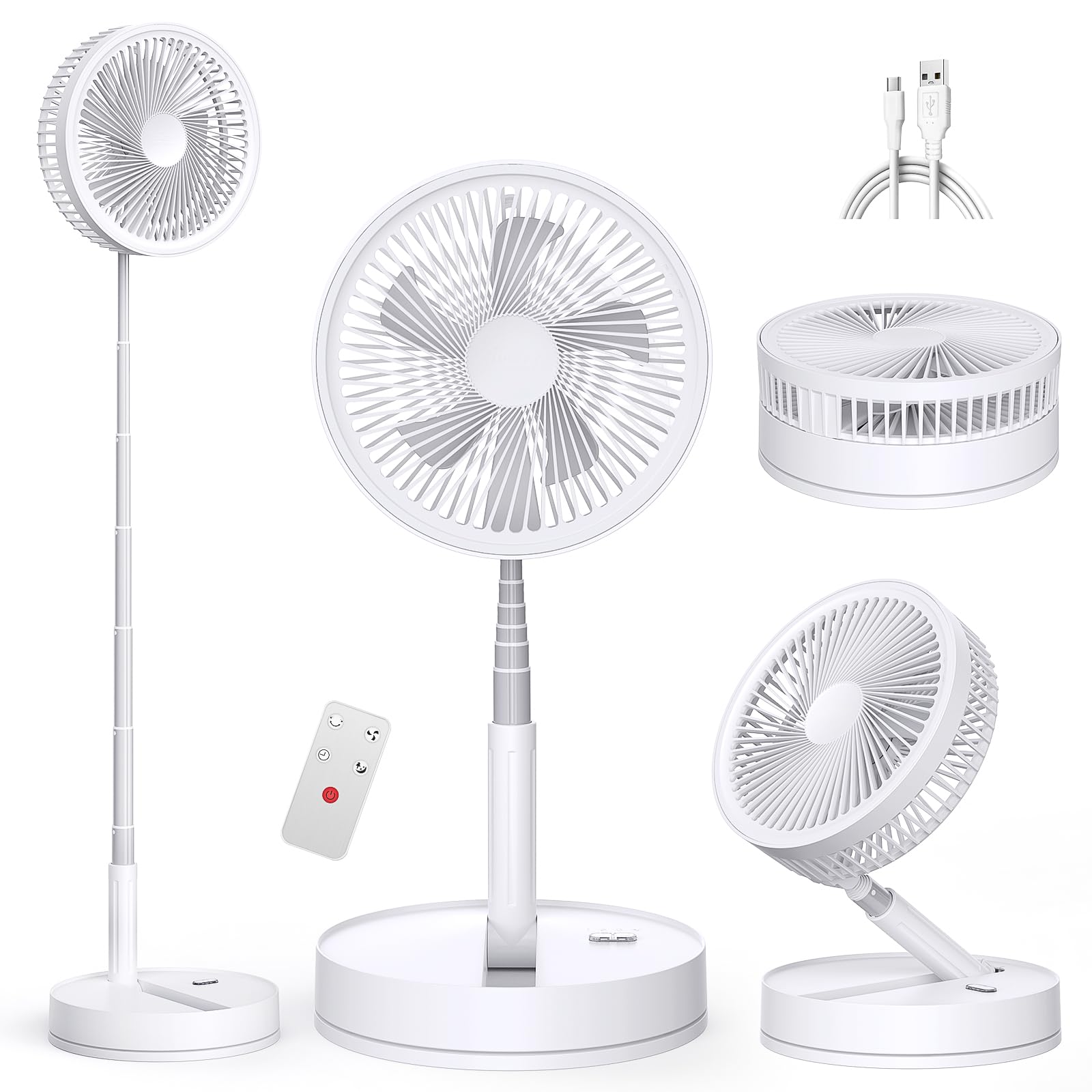 Portable Oscillating Standing Pedestal Fan with Remote Control,8.6 inch Silent 8000mAh Rechargeable Battery USB Powered Floor Fan, Height Adjustable Foldable Desk Table Fans for Bedroom Home White