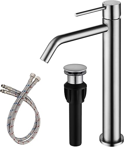 Miniatura 22 de Grifo de baño cromado de un solo agujero, grifo de agua de una sola manija para baño con ensamblaje de drenaje emergente y líneas de suministro