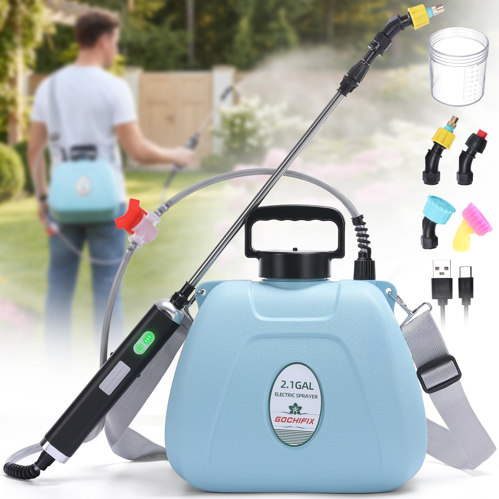 Electric Garden Sprayer 2.1 Gallon, Battery Powered USB Rechargeable Handle w/Indicator, 4 Spray Nozzles, Shut-Off Valve, Retractable Wand, Adjustable Strap, Plant Mister for Lawn Garden
