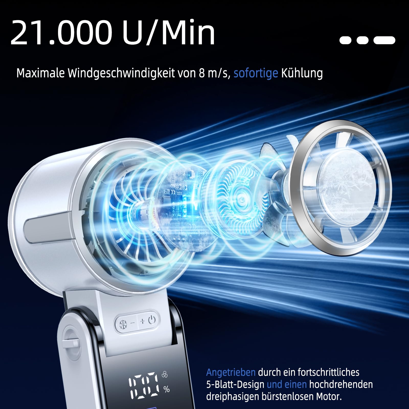 Handventilator Akku Aufladbar, Tragbarer Klein Turbo-Ventilator mit 100 Stufen Wind, 3-in-1 Mini Ventilator Leise für Hand, Hals und Tisch, Faltbarer USB Fan für Reisen, Büro und Outdoor