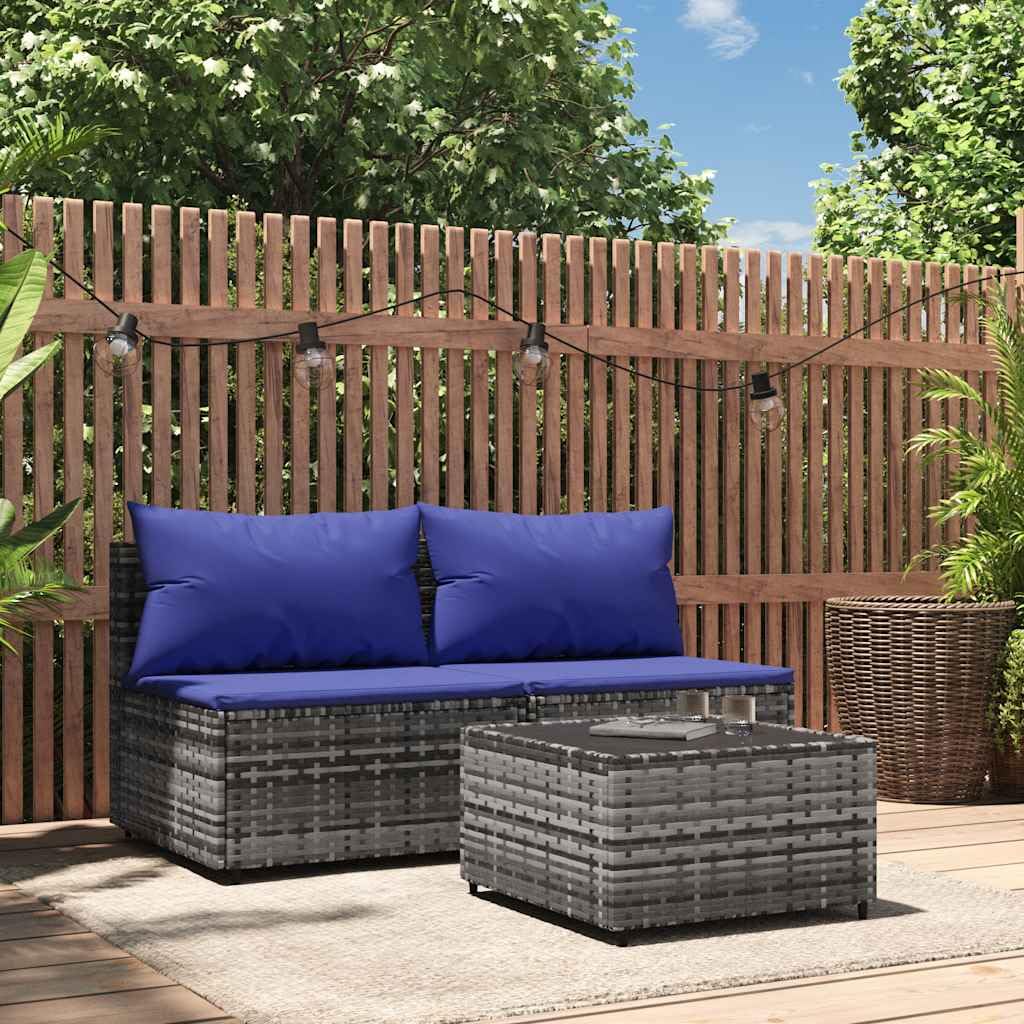 ACAGALA Set di 3 mobili da giardino in polyrattan, con cuscino, 2 parti centrali + tavolo come piano in vetro temperato, set per giardino, terrazza, grigio e blu