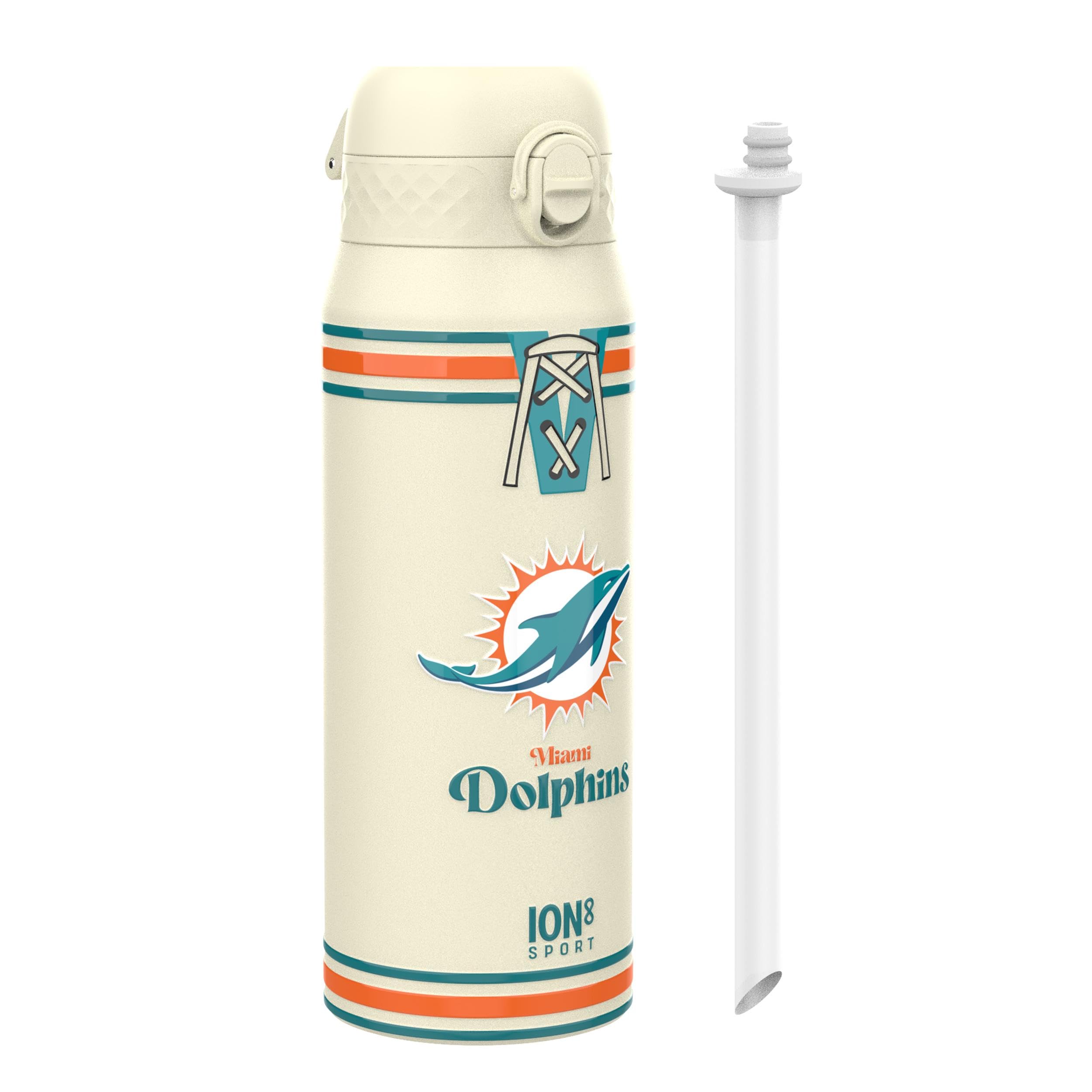 Ion8 NFL Miami Dolphins Sports Thermal Water Bottle with Removable Straw, 750ml/24oz, Leak Proof Insulated Drinking Bottle, Easy to Open, Secure Lock, Dishwasher Safe, Flip Cover, Metal Water Bottle