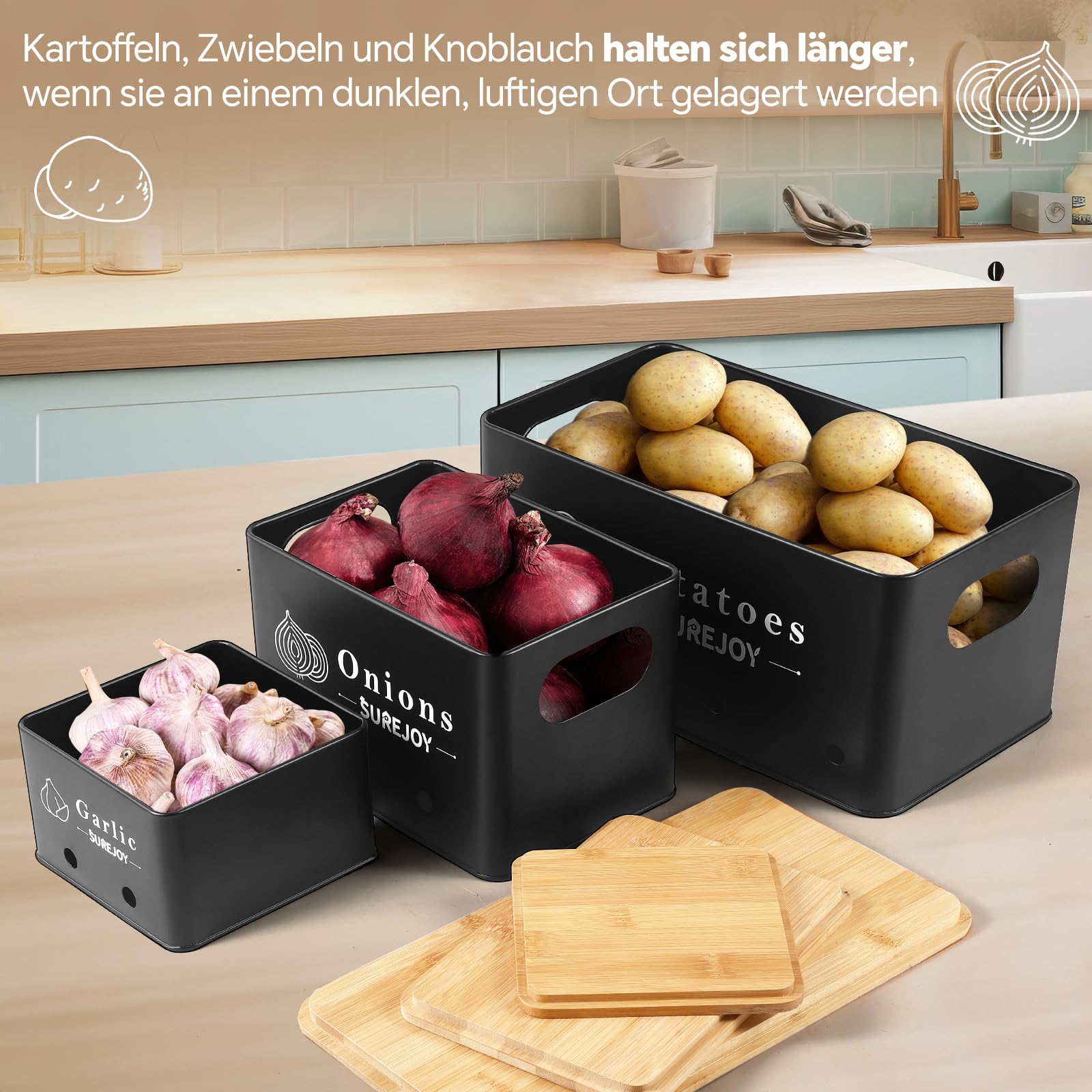 Surejoy Set van 3 opbergdozen voor aardappelen - Voor het bewaren van uien en knoflook - Houdt groenten langer vers - Keukenorganizer - Knoflookpot
