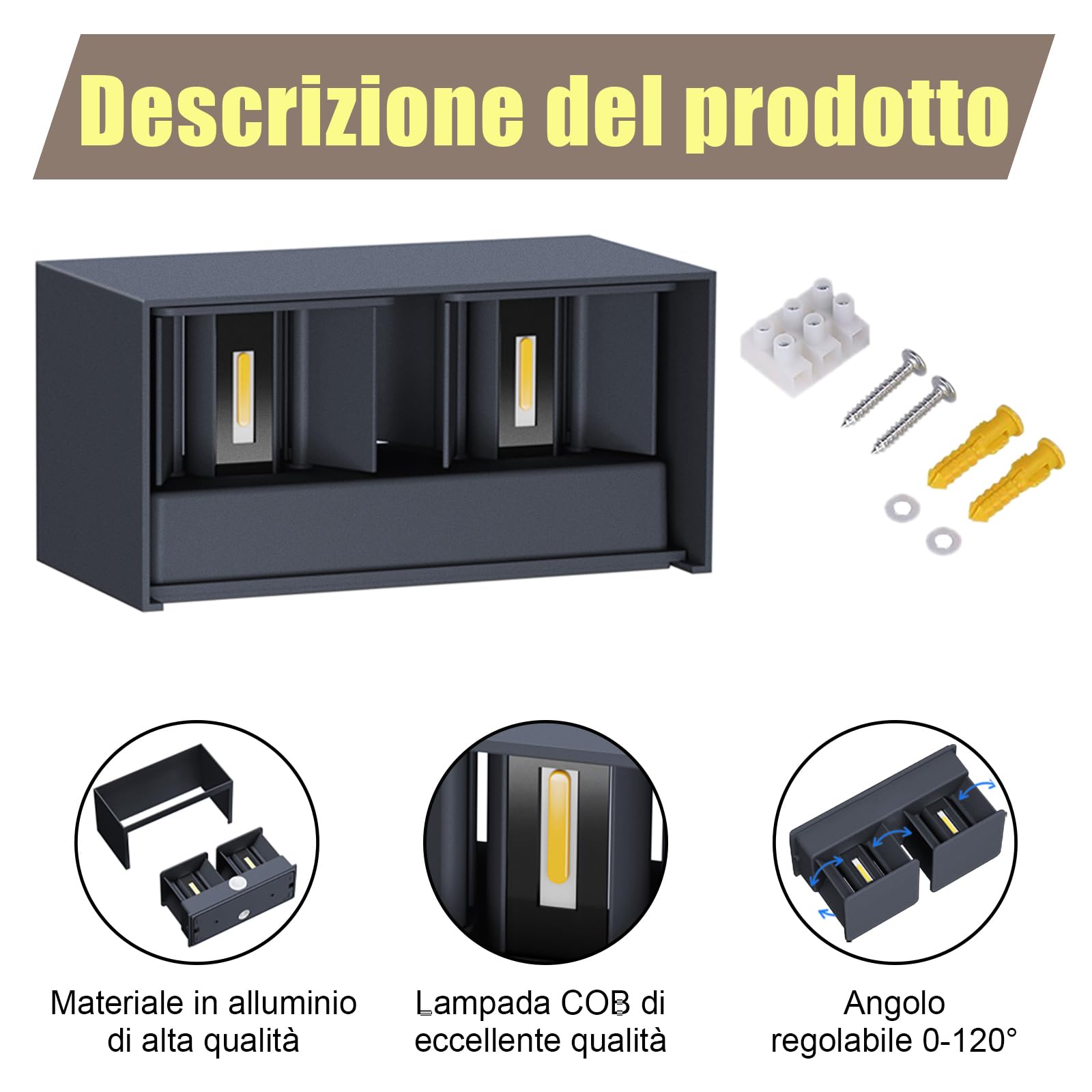 Klighten lampade da parete 24W Esterno/Interno Moderno, lampada da esterno Bianco Caldo 4000K Applique da Parete, IP65 Impermeabile, Angolo del Fascio Regolabile Applique(Antracite)