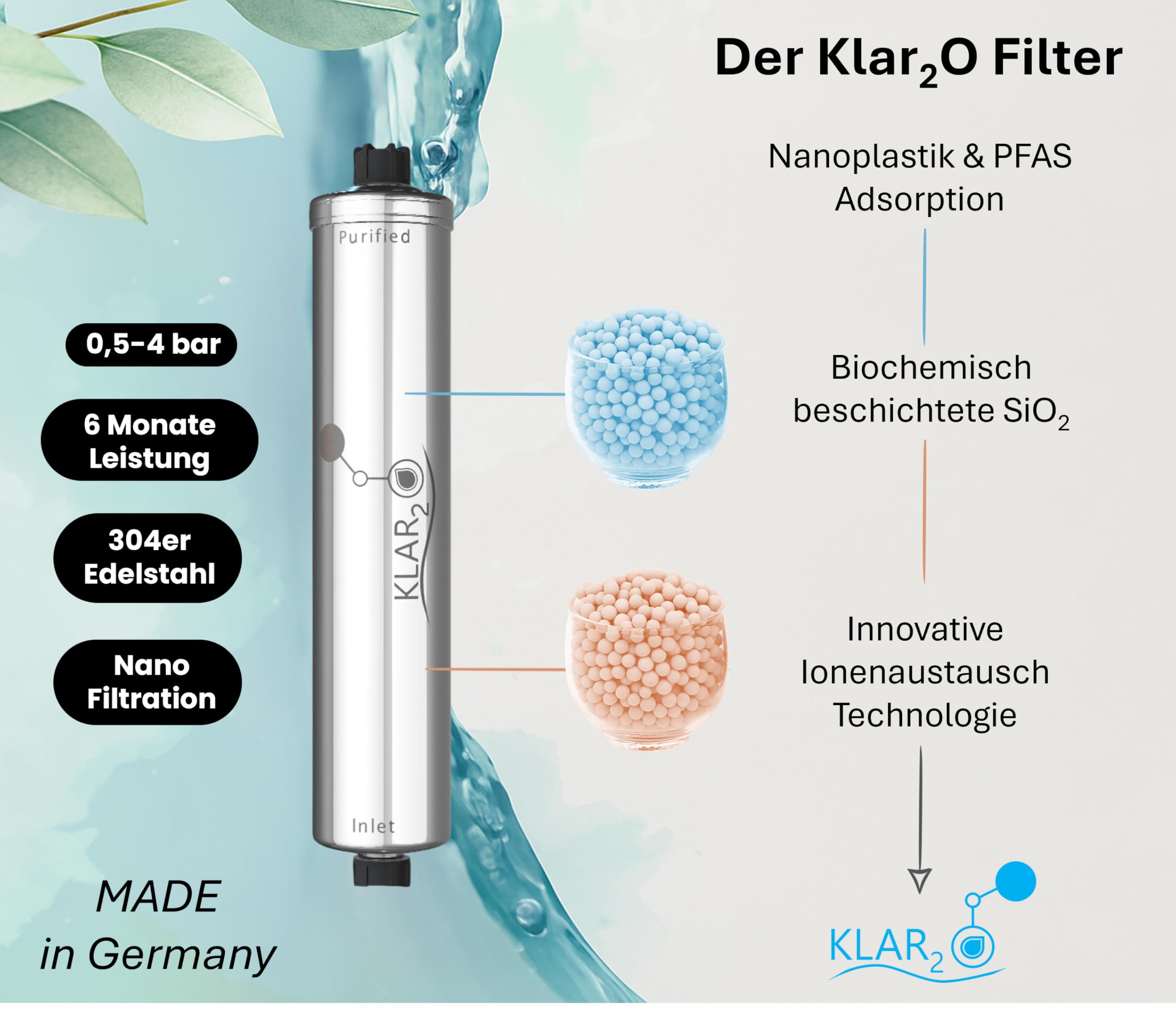 Klar2O Wasserfilter - filtert bis zu 99,99% Mikroplastik, Nanoplastik & PFAS dank patentierter Klar2O Technologie