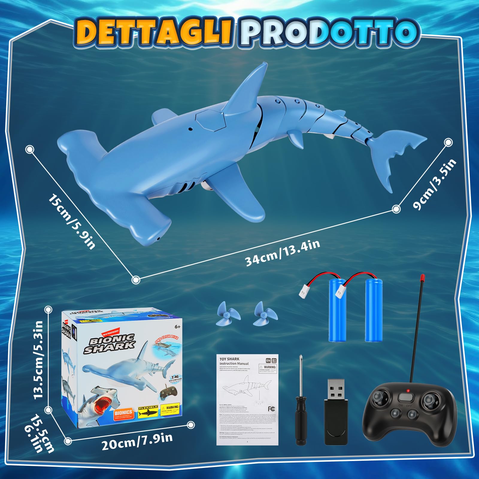 Squalo Telecomandato con Funzione di Immersione, 2.4GHz RC Squalo con Luci LED, Giocattolo Squalo Subacqueo per Piscina e Vasca da Bagno, Regalo per Bambini 6+ Anni Ragazzo Ragazza (Blu)