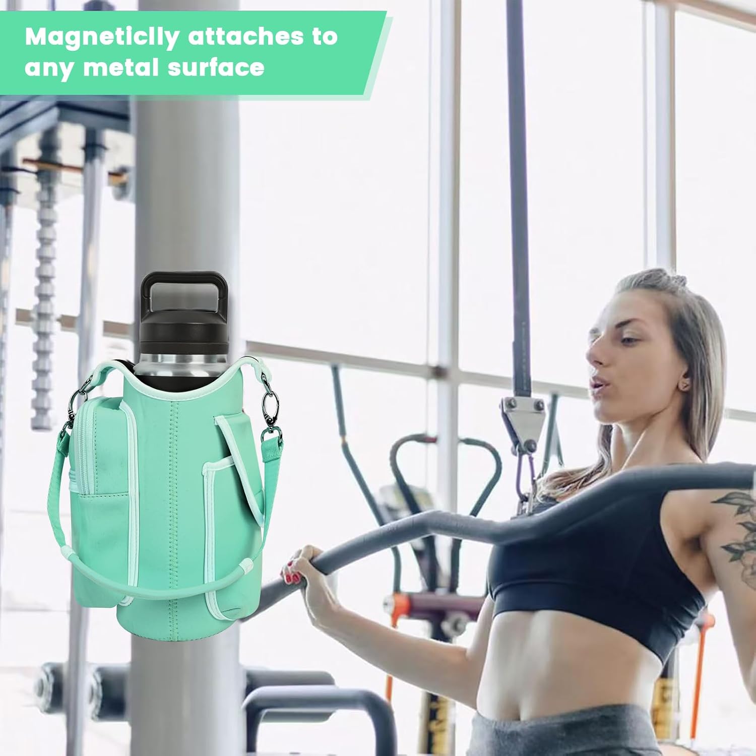 icolor Magnetic Gym Bag Water Bottle Carrier Holder with Phone Pockets & Shoulder Strap,Gym Magnetic Bag 5 Built-in Magnets Gym Accessories Organizer Sling Bottle Bag Pouch Sleeve - Image 5