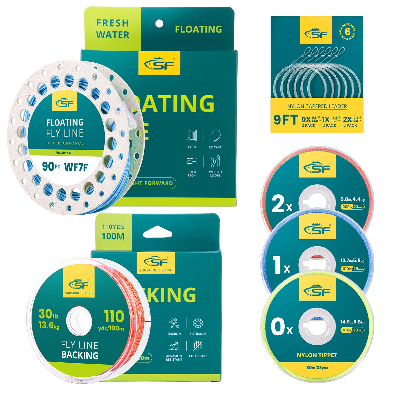SF Fly Fishing Floating Line Starter Kit Sky Blue 90FT WF7F with Welded Loop, Backing, Tapered Leader, and Tippet Replacement for Freshwater.