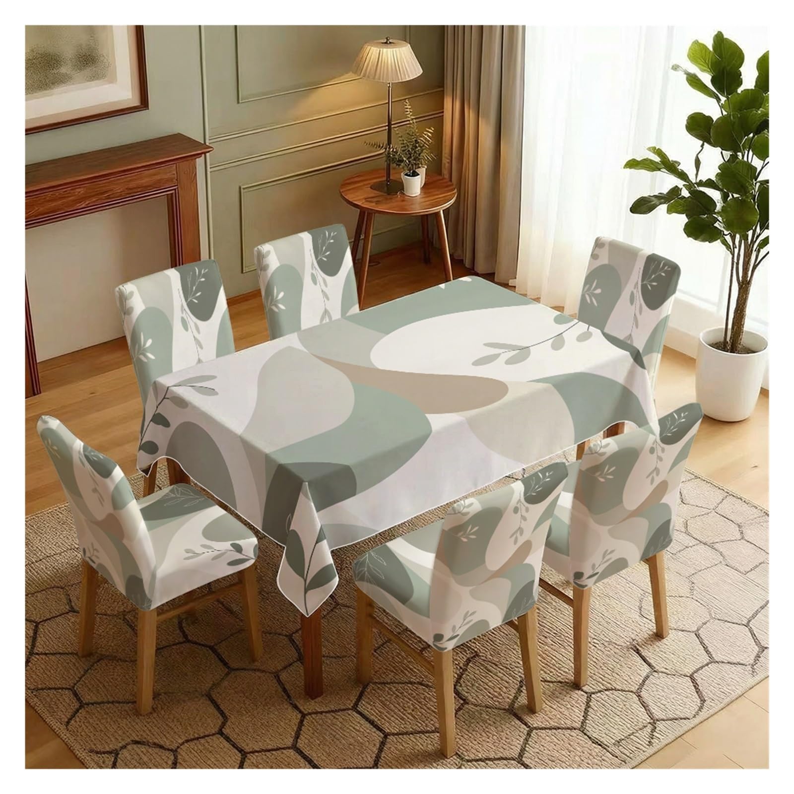 KXUAUV Sage Green Geometric Leaf Print Dining Tablecloth & Chair Covers Set, 5/7 Pack Stretch Fabric For Dining Room Kitchen Party Decor(7pcs Set: Tablecloth+Chair Covers)