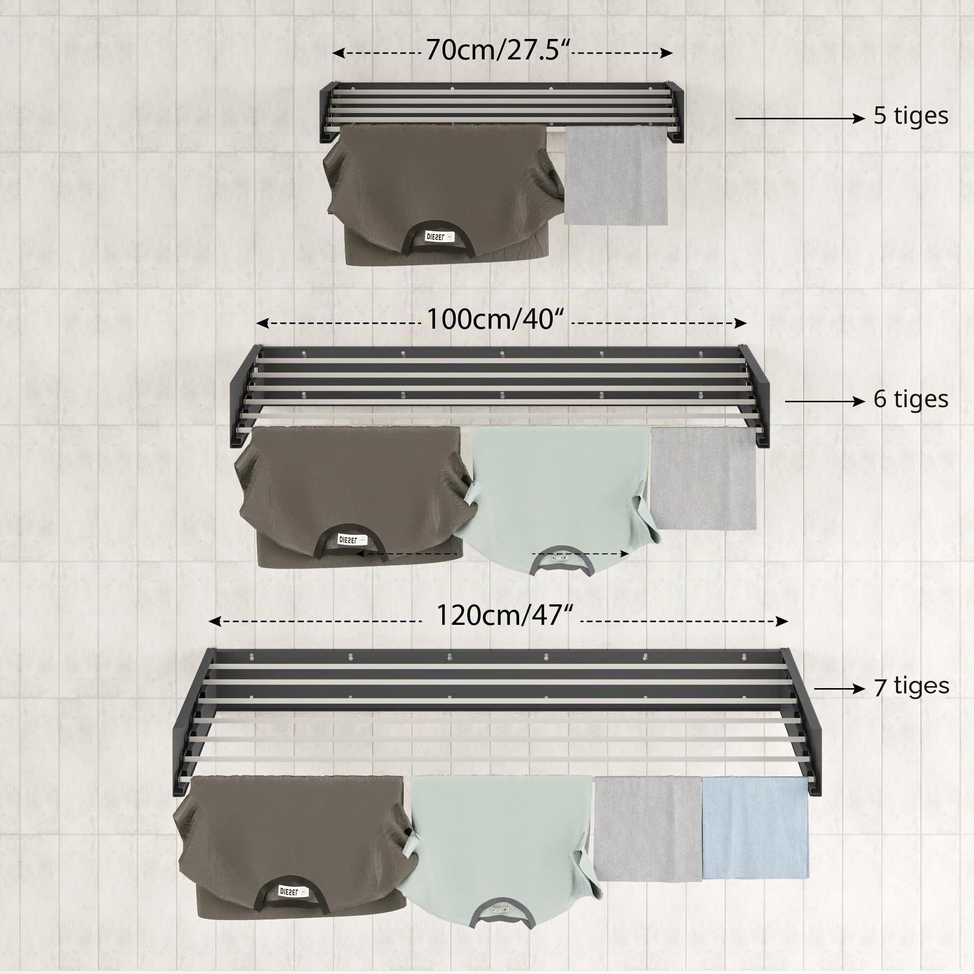 Step Up Etendoir à Linge - Fixation Murale - Rétractable - Étendoir à Linge Pliable pour l'intérieur ou l'extérieur - Économie d'espace - Design Compact et élégant (70 cm Blanc)