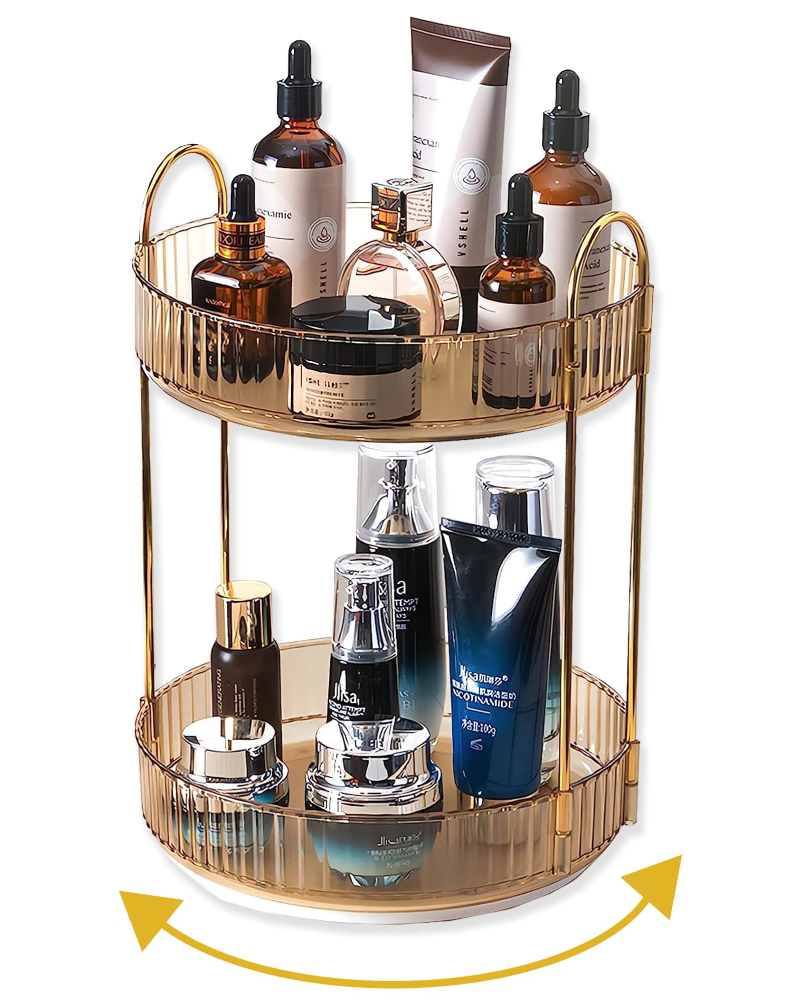 Asayuee Organizer per trucchi rotante a 360°, 2 ripiani, grande capacità, organizer per trucchi rotante per cosmetici, organizer per cosmetici da bagno (oro, 2 livelli)