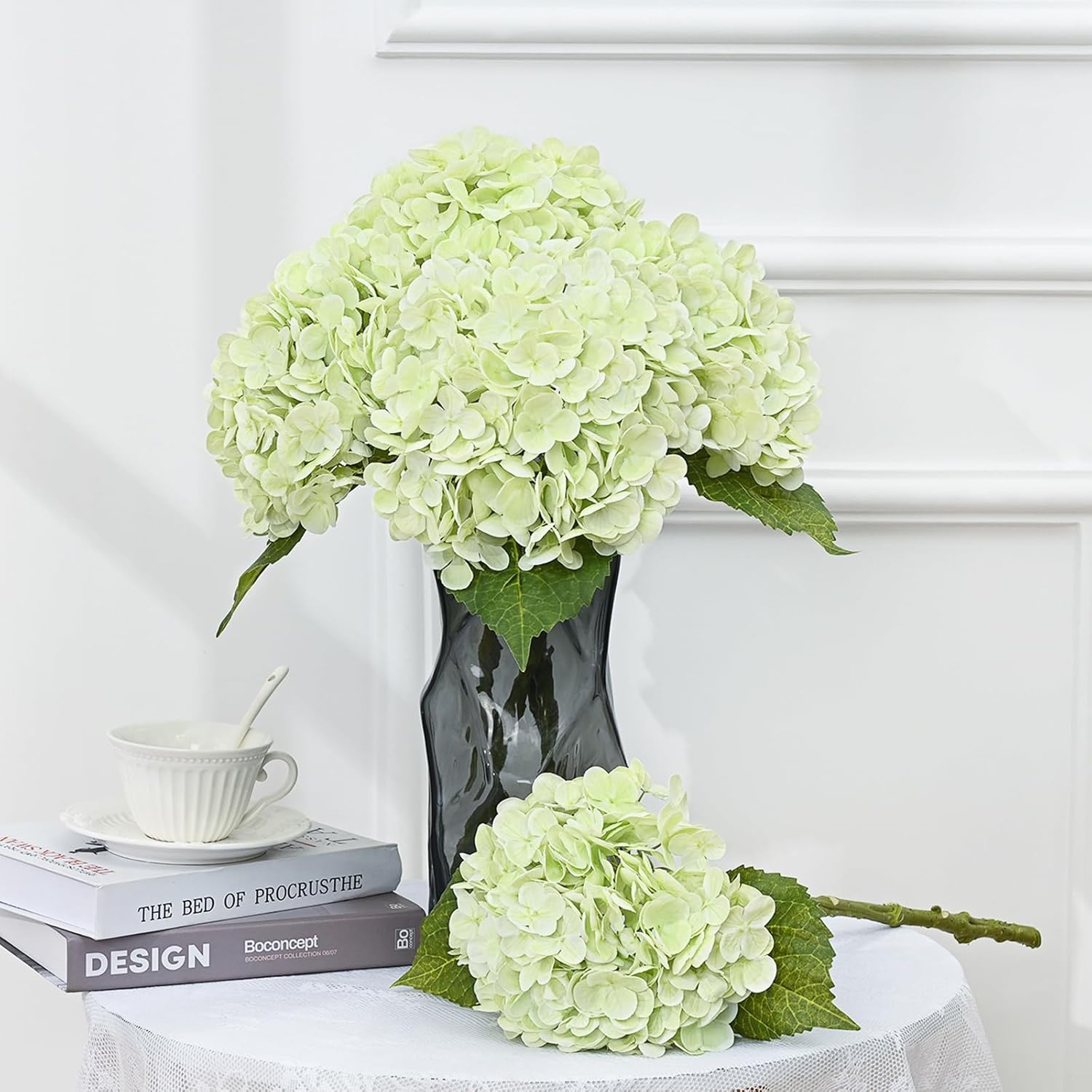 MARTINE MALL 4Pcs 21in Hydrangea Artificial Flowers, Latex Real Touch Hydrangeas Lifelike Large Hydrangea Flowers for Home Decor Party Arrangements Wedding Bouquets Centerpieces (2White&2Light Green) - Image 8