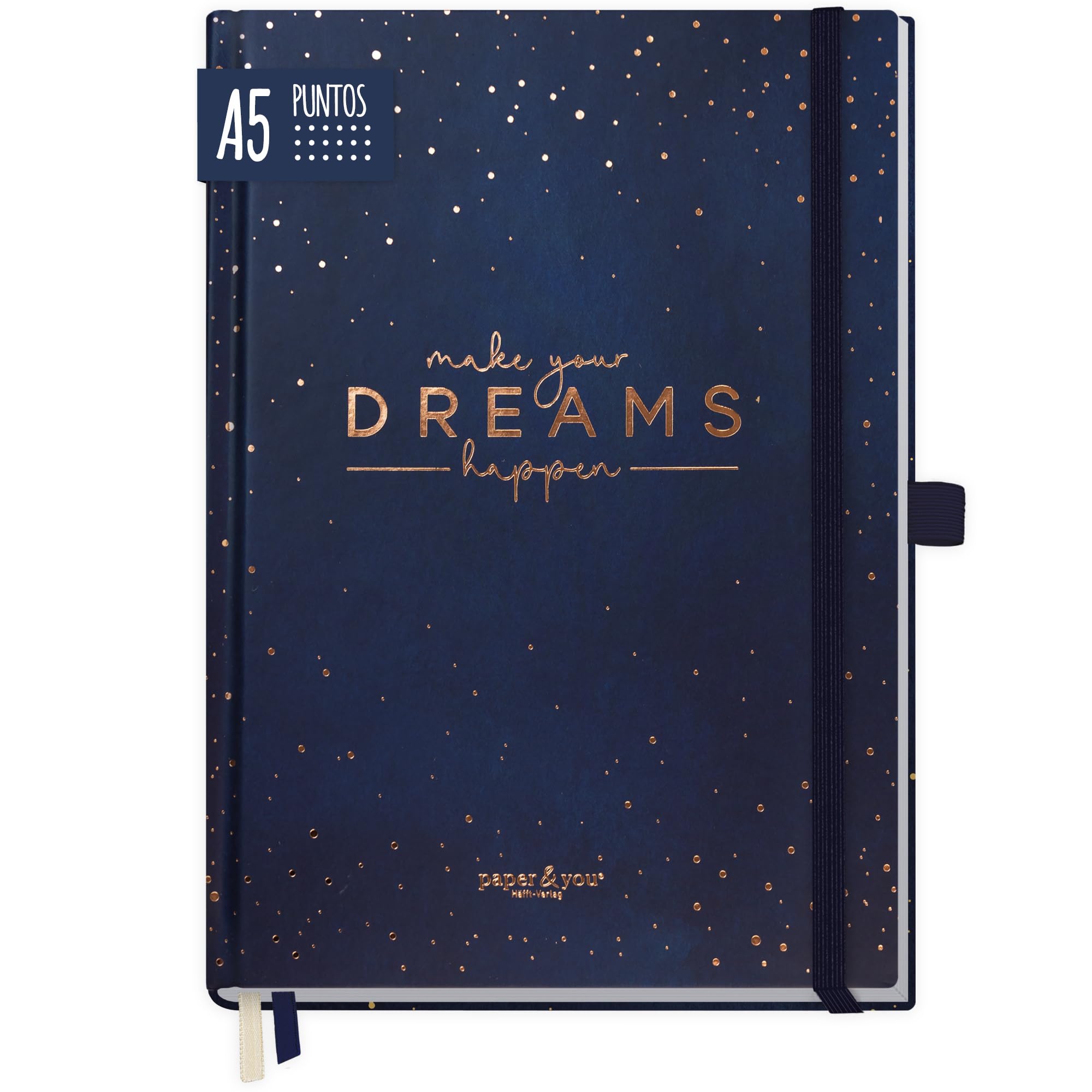 paper&you® Premium Bullet Journal punteado A5 [Haz realidad tus sueños] Cuaderno punteado | 190 páginas, papel grueso | Agenda con cuadrícula de puntos | sostenible y climáticamente neutro