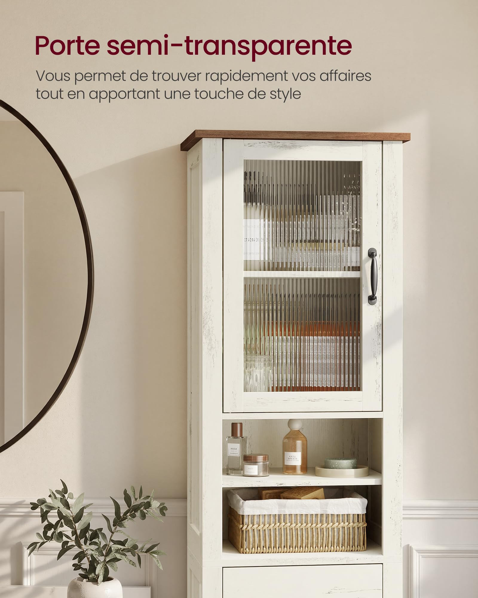 VASAGLE LIRY Collection - Armoire Salle de Bain Style Campagne, Meuble de Rangement Mince, Compartiments Ouverts, 1 Tiroir, avec Portes, Blanc Rustique et Marron Miel, 31,5 x 40 x 171 cm BBK760W101