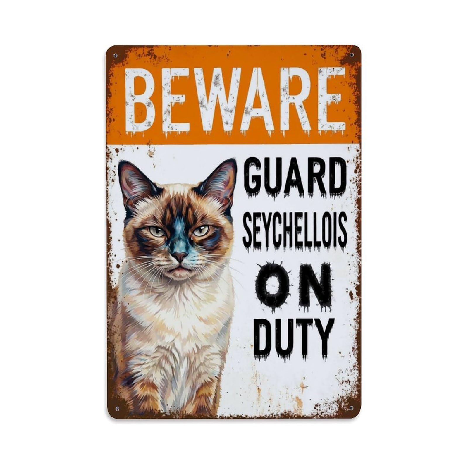 Vintage Funny Seychellois Guard Beware of Cat Balcony Metal Tin Sign Plaque Wall Decor for Cafe, Club Bar, Office, Garden Metal Poster 8x12Inch