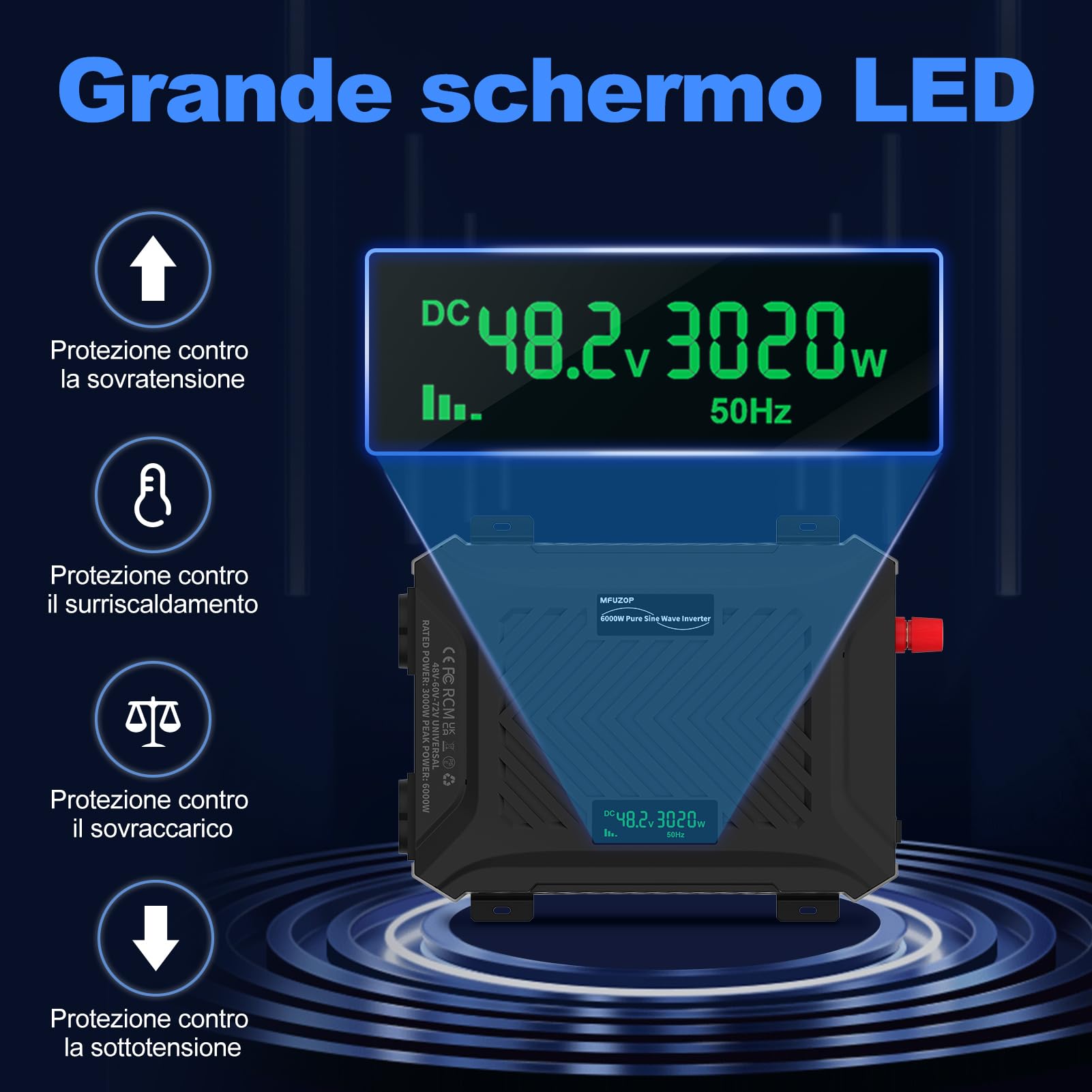 MFUZOP Power Inverter 48V/60V/72V a 230V Onda Pura 3000w/6000w, Convertitore di Tensione con Sistema di Rilevamento Intelligente, Ingresso Regolabile, Display LCD, 2 AC, 1 Type-C, 1 USB 5V 2.1A