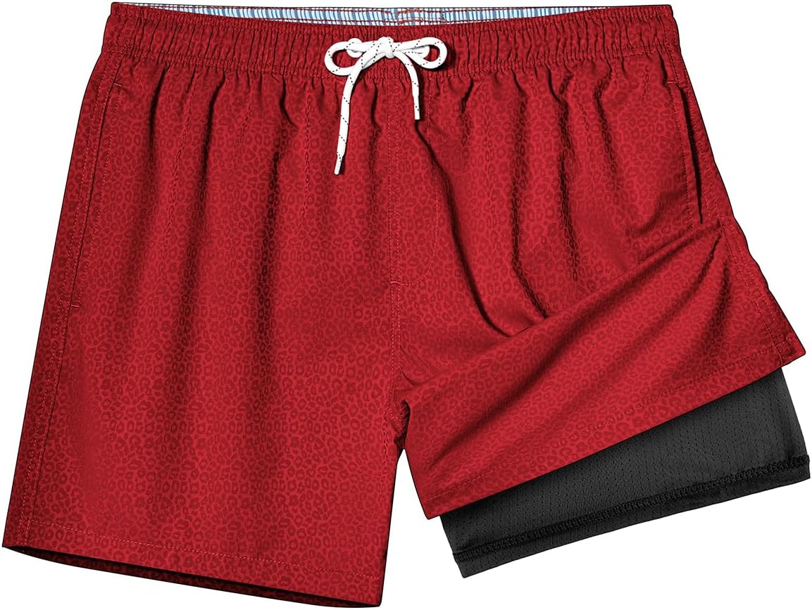 BRISIRA Mens Swim Trunks 5" Textured Ribbed & Leopard Bathing Suit Compression Liner Board Shorts Beach Swimsuit Quick Dry
