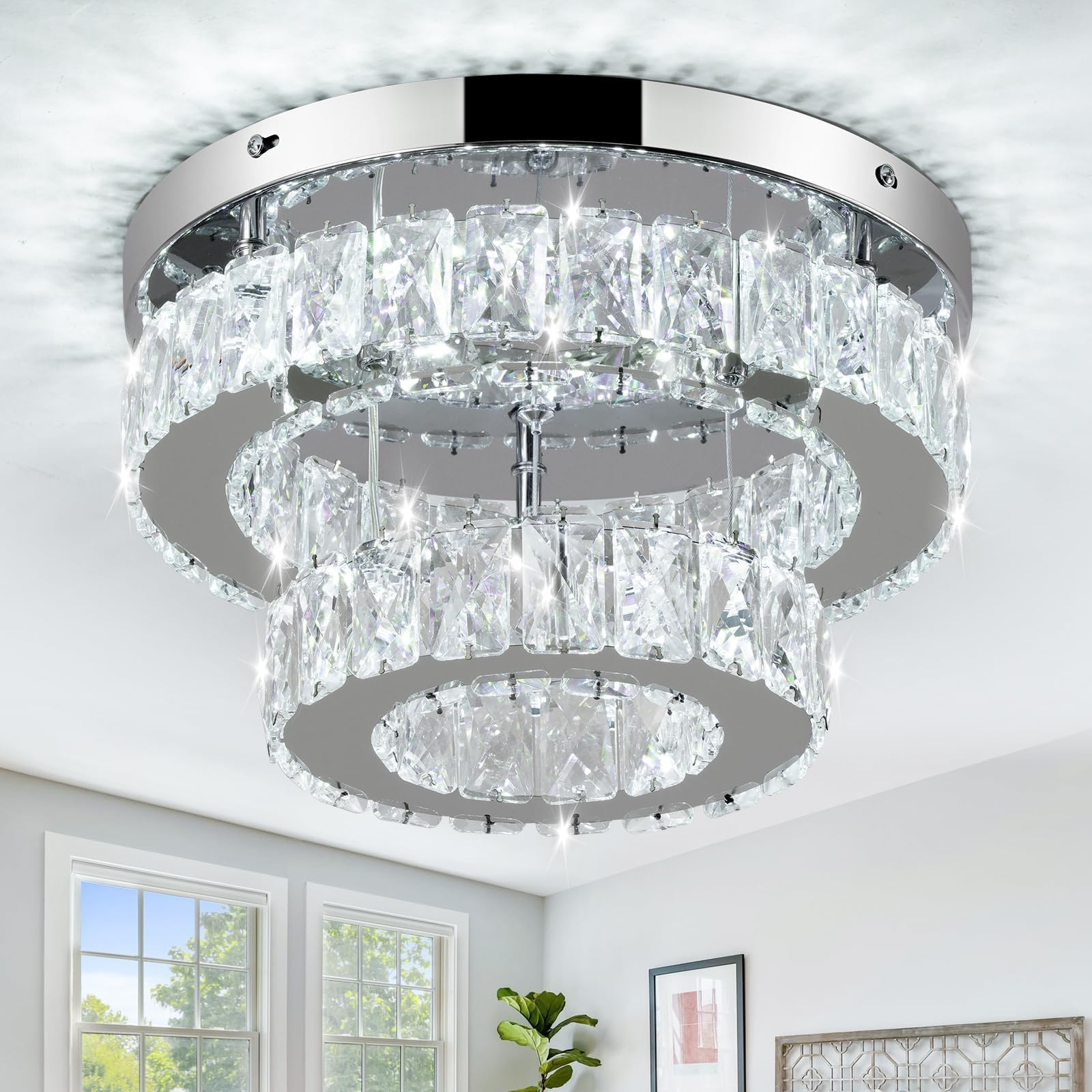 LEONTYNE 11.8 Inch Modern Mini Crystal Chandelier LED Flush Mount Ceiling Light - 2 Layer K9 Crystal, Small Chandelier for Bedroom, Hallway, Kitchen, Bathroom, Closet, Dining Room (Cool White)