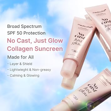medicube Sunscreen No Cast Just Glow Collagen, SPF 50 | SPF 50 Hydrating Face Sunscreen - Lightweight & Non-Sticky Formula, Peptide & Cica for Soothing & Glow, Korean Skincare