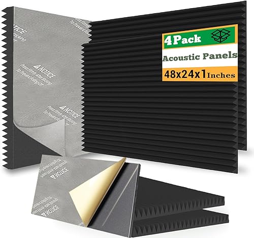 Paneles de espuma acústica, paquete de 4 paneles de 48 x 24 x 1 pulgada, paneles de pared autoadhesivos mejorados, insonorizados, tratamiento para