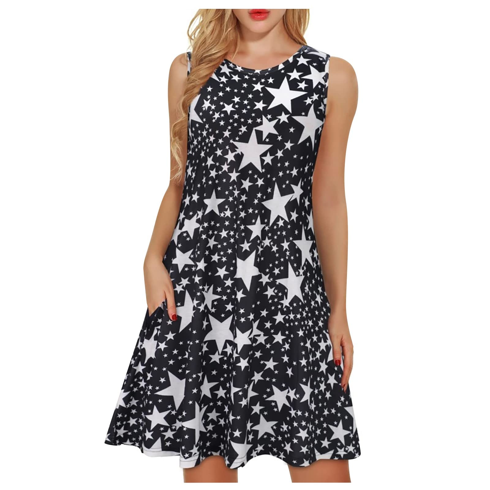 GenericLadies Casual Print Sleeveless Pullover Round Neck Tank Top Dress with Pockets (BD0765)