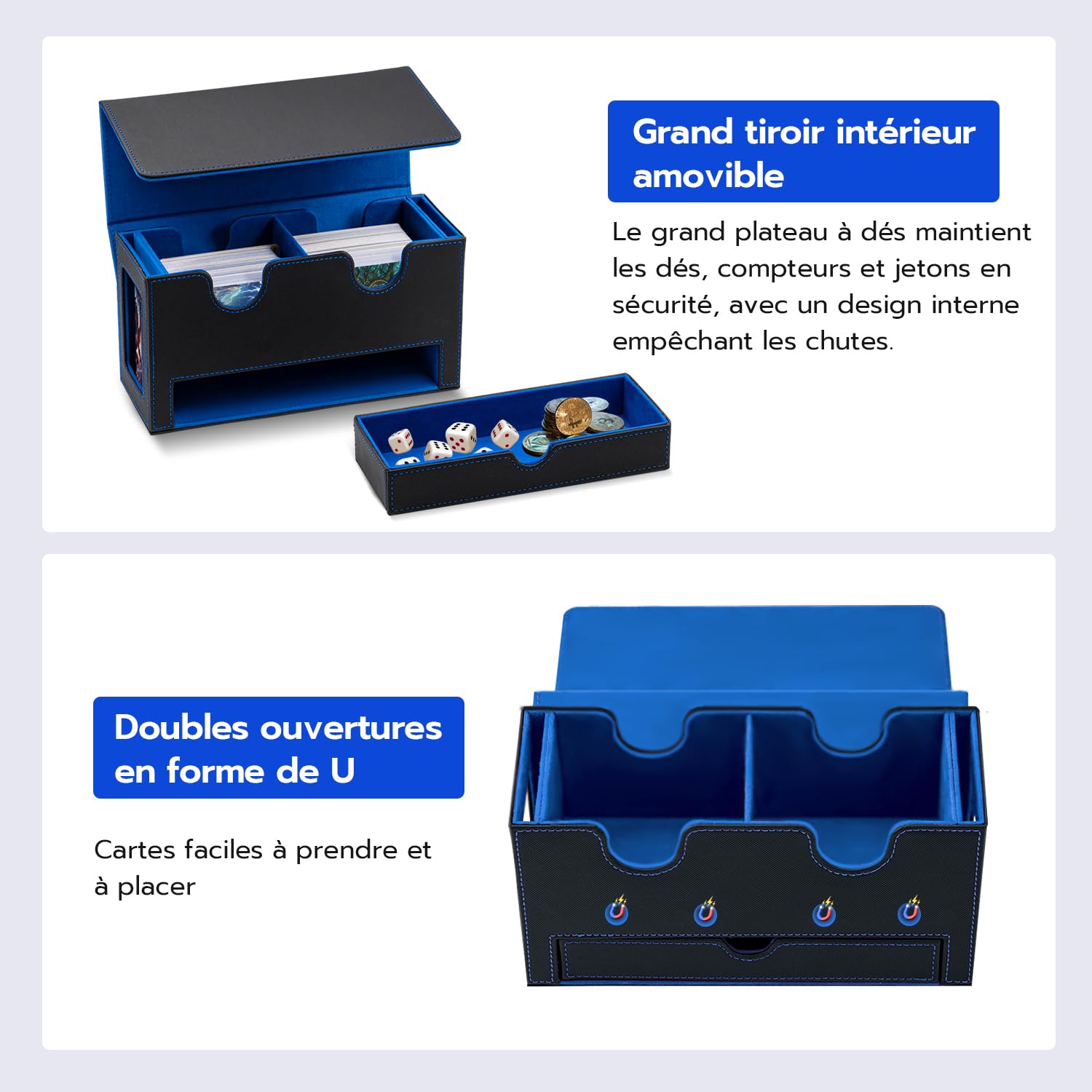 Boîte à Cartes Double Couche pour MTG, avec Tiroir pour Dés, 2 Fenêtres D'affichage Latérale, Magnetic Deck Box Contenir à 300+ Cartes pour Commander TCG Cartes à Collectionner - Bleu Noir