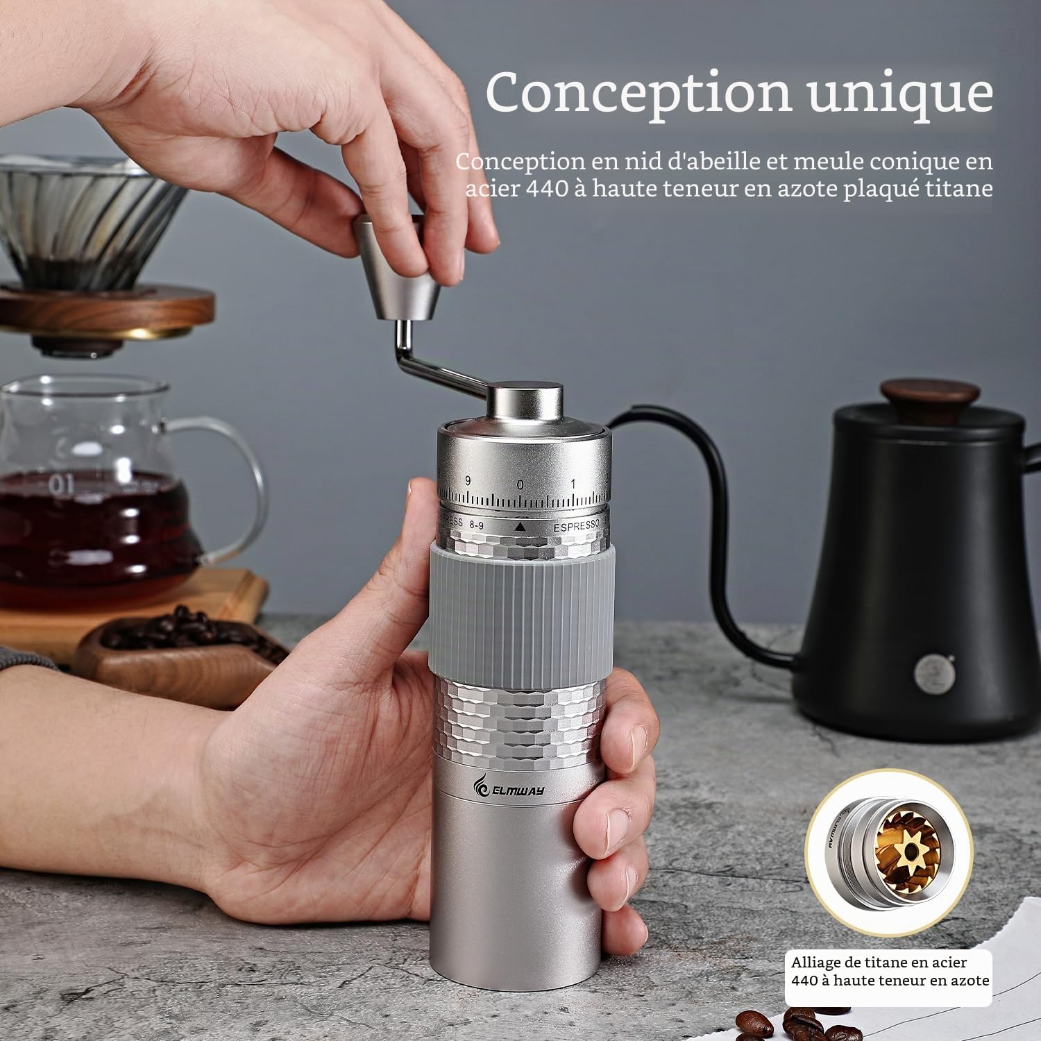HC03 Moulin à café manuel 7 étoiles en acier inoxydable 440 plaqué titane, réglages de broyage externes simples et réglables pour expresso vers presse française, moulin à café entièrement en