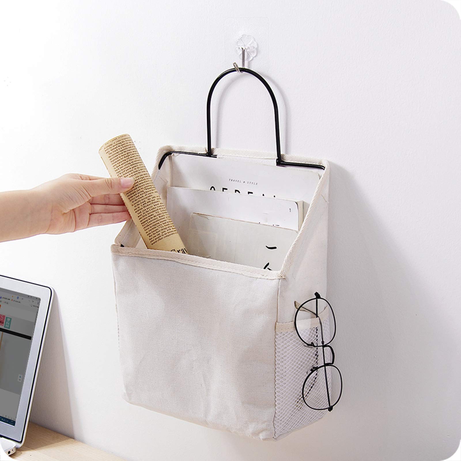 Sac de rangement mural simple à suspendre, sac de rangement en toile, sac simple, organisateur suspendu pour porte de placard avec poche tridimensionnelle, blanc/gris (couleur : blanc, style : A) (g