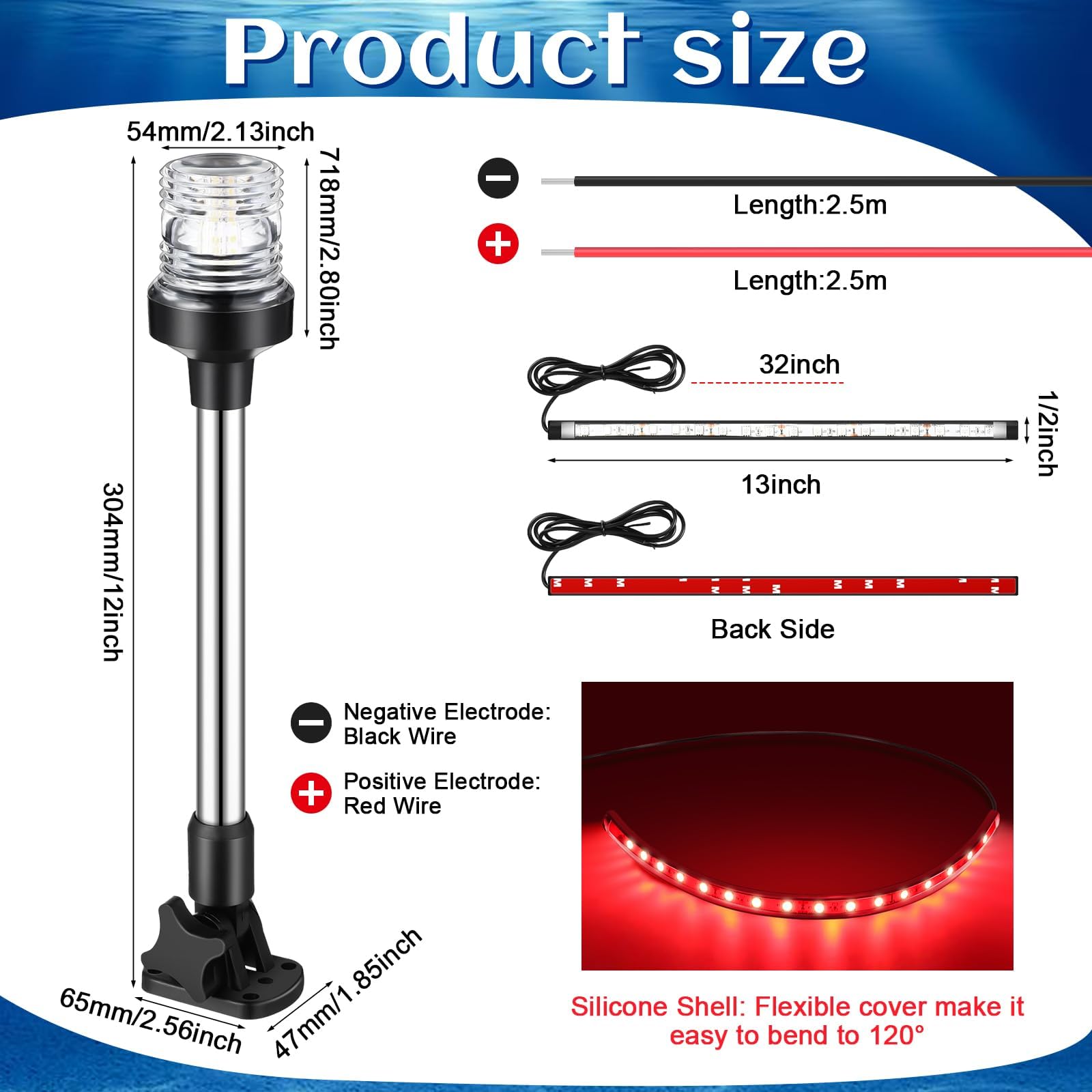 Rossesay White LED Boat Stern Light with 2 Pcs 8.2ft Extra Cables All Round 12-24v, and 2 Pcs Navigation Lights LED Anchor for Boats Red and Green Running Marine(12 Inch)