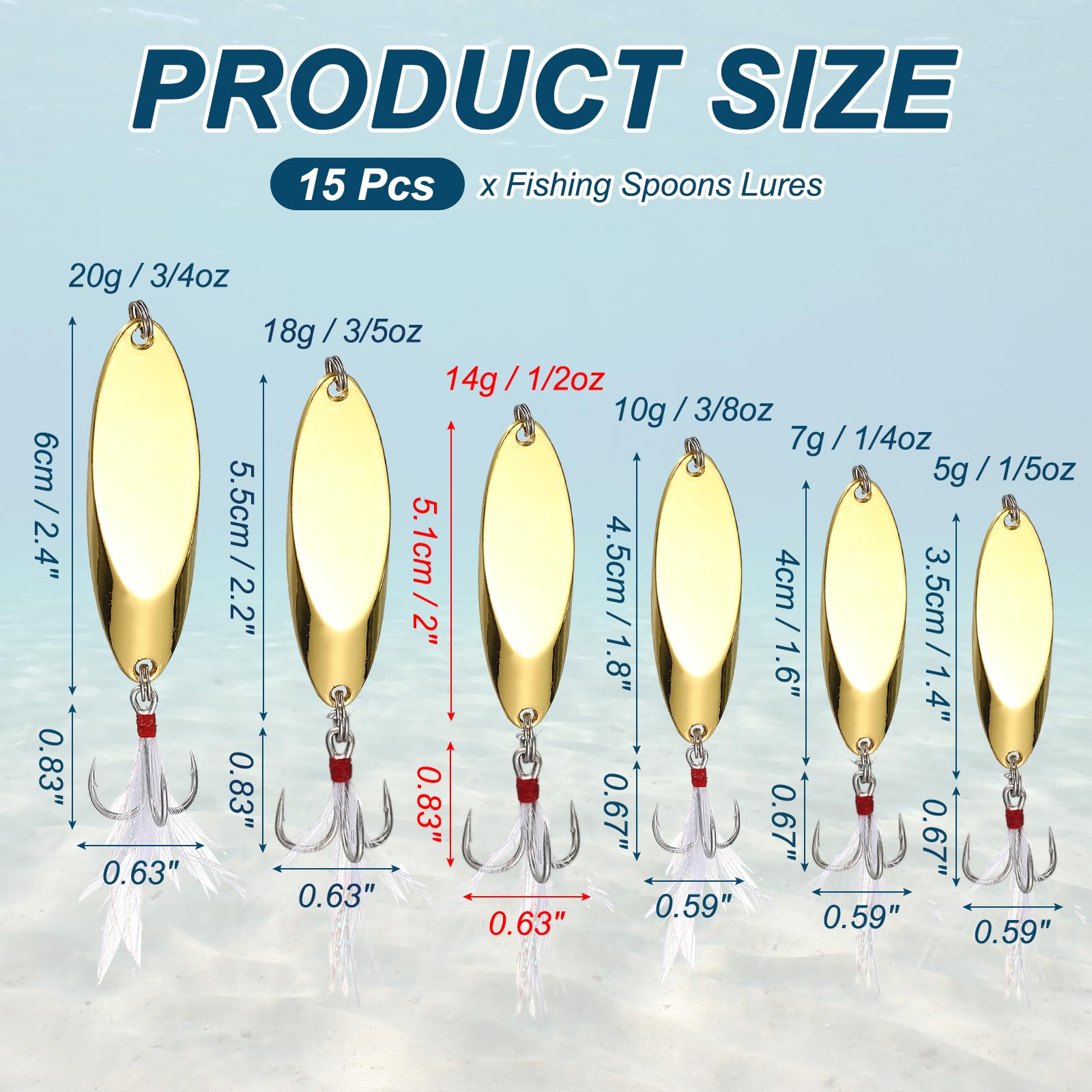 Angellöffel, Metall, Salzwasser, Drillingsköder, Forellenköder, Jigg-Löffel mit Drillingshaken, Spinnköder, 15 Stück & 0,5 g & Gold – passend für Süßwasser/Lachs/Barsch/Forelle