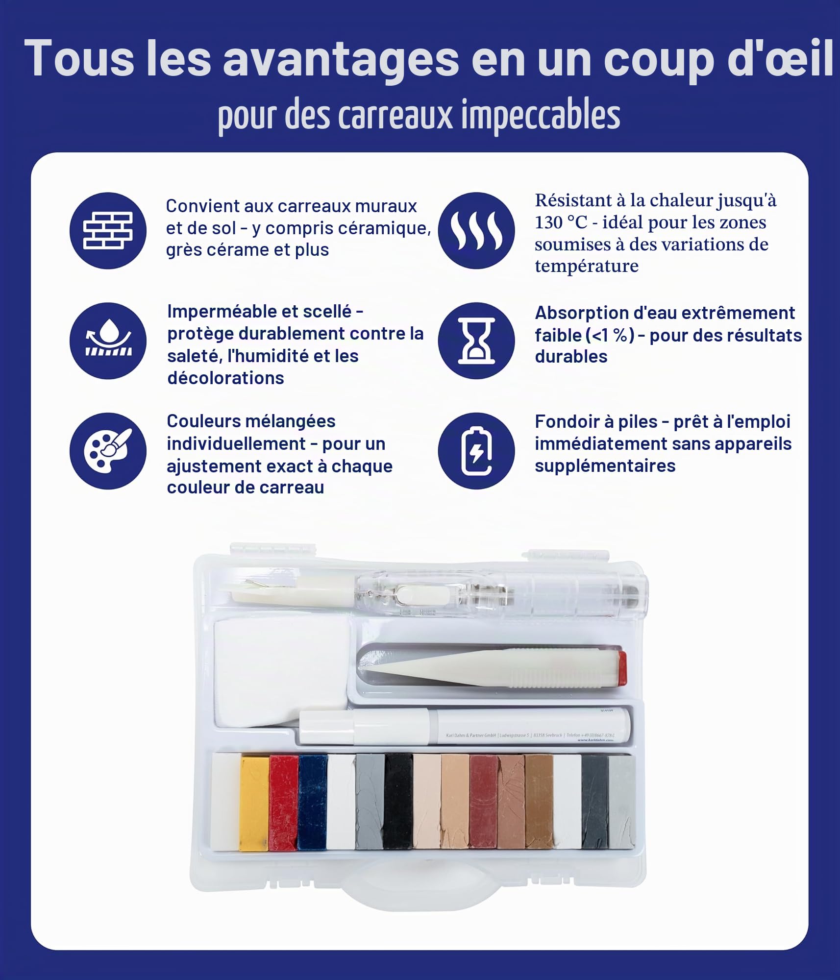Karl Dahm Kit de Réparation Carrelage Professionnel, Répare Éclats, Fissures et Trous, Résultat Invisible, Hartwachs Renforcé, Résistant à la Chaleur, Idéal Salle de Bain et Cuisine, Facile à Utiliser